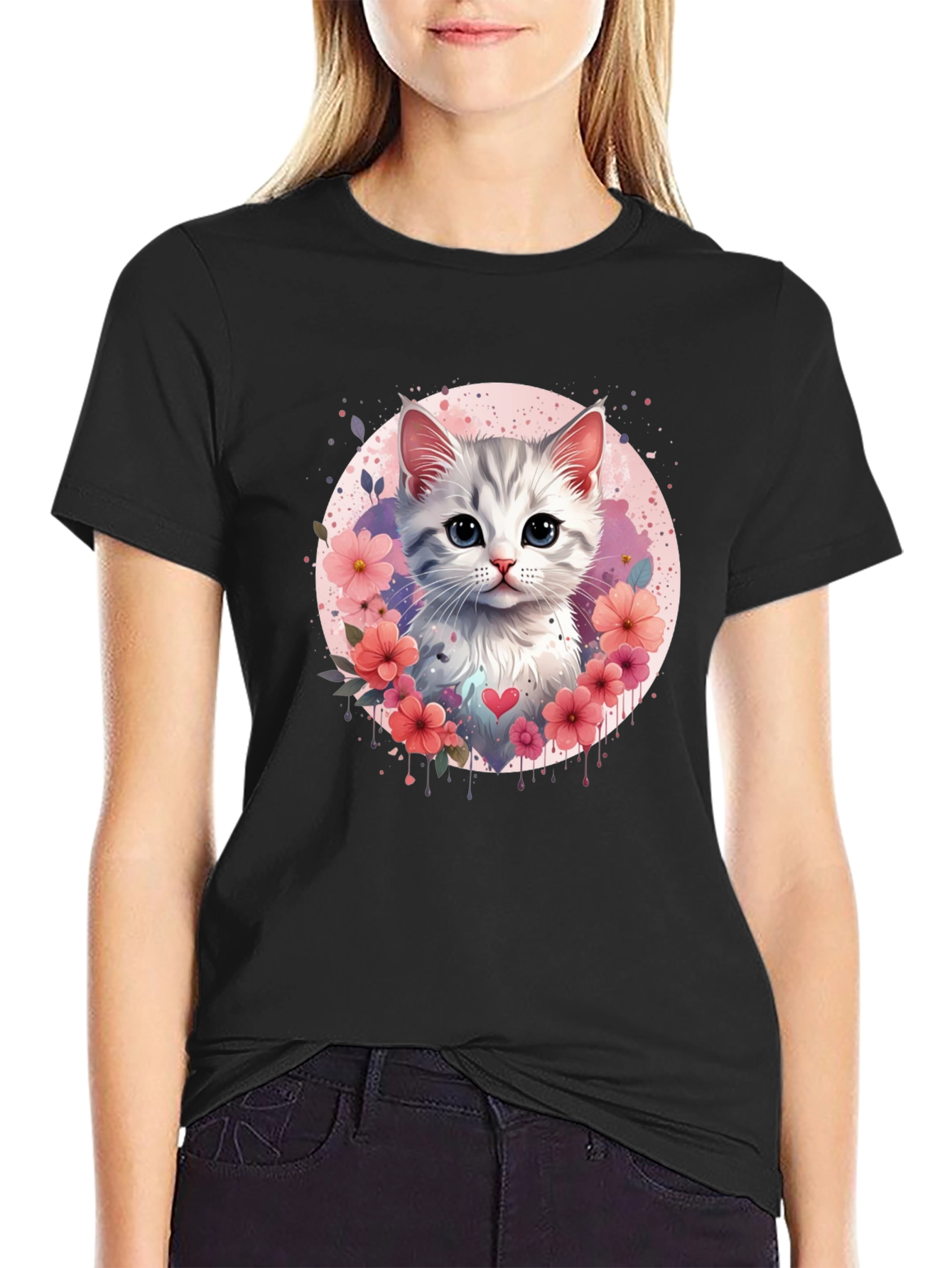 Cute Kitten Floral Heart T-Shirt - Black