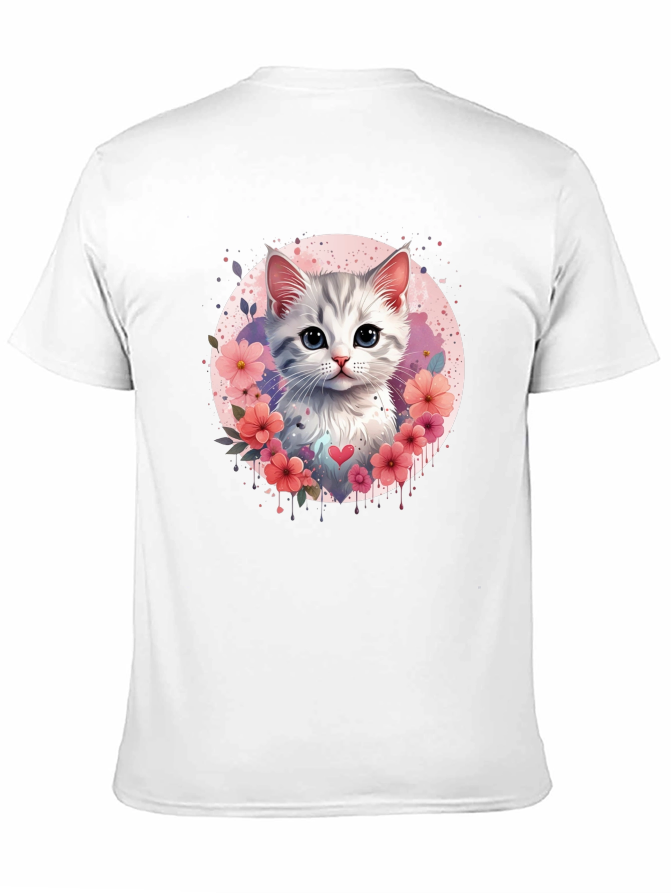 Cute Kitten Floral Heart T-Shirt - Black