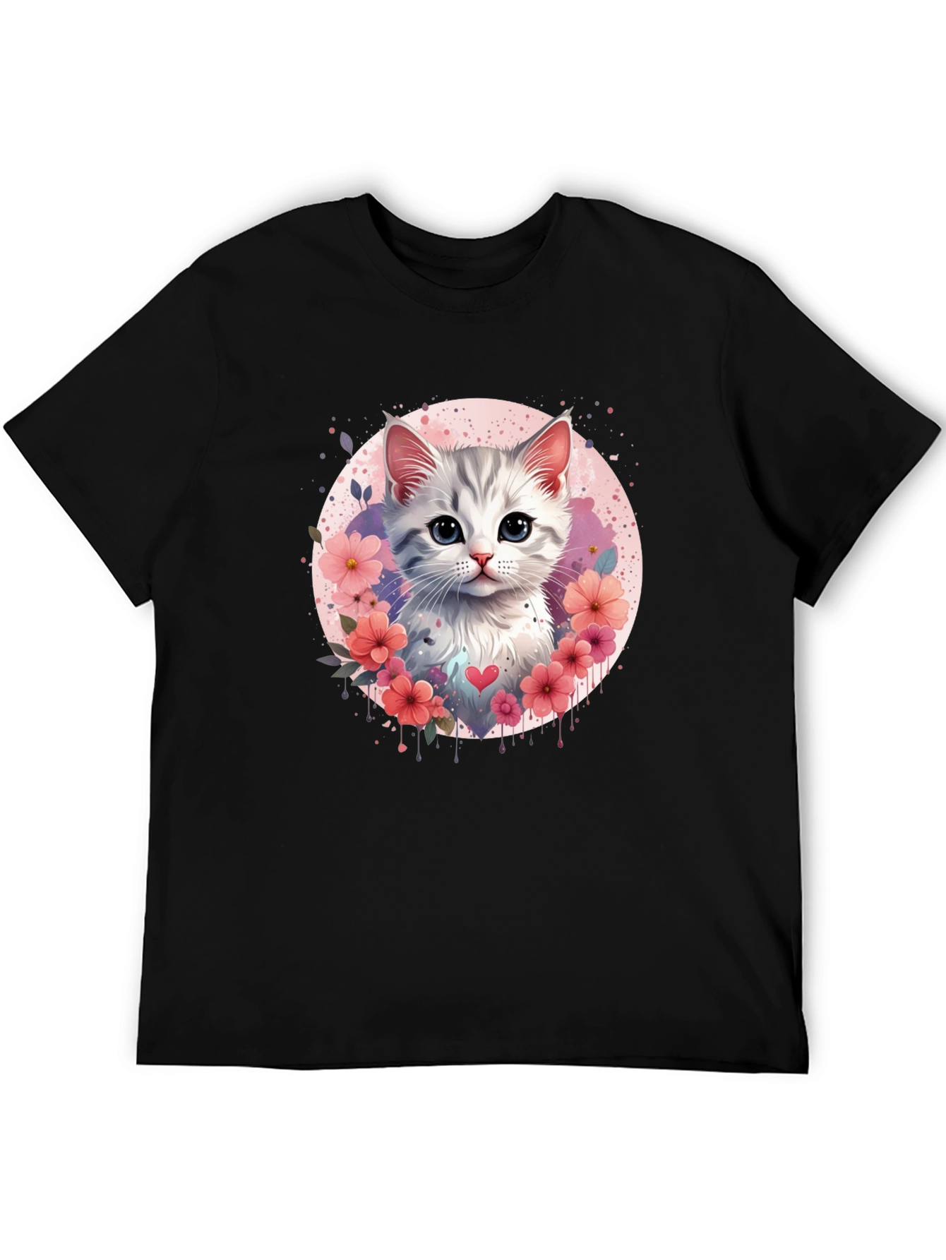 Cute Kitten Floral Heart T-Shirt - Black