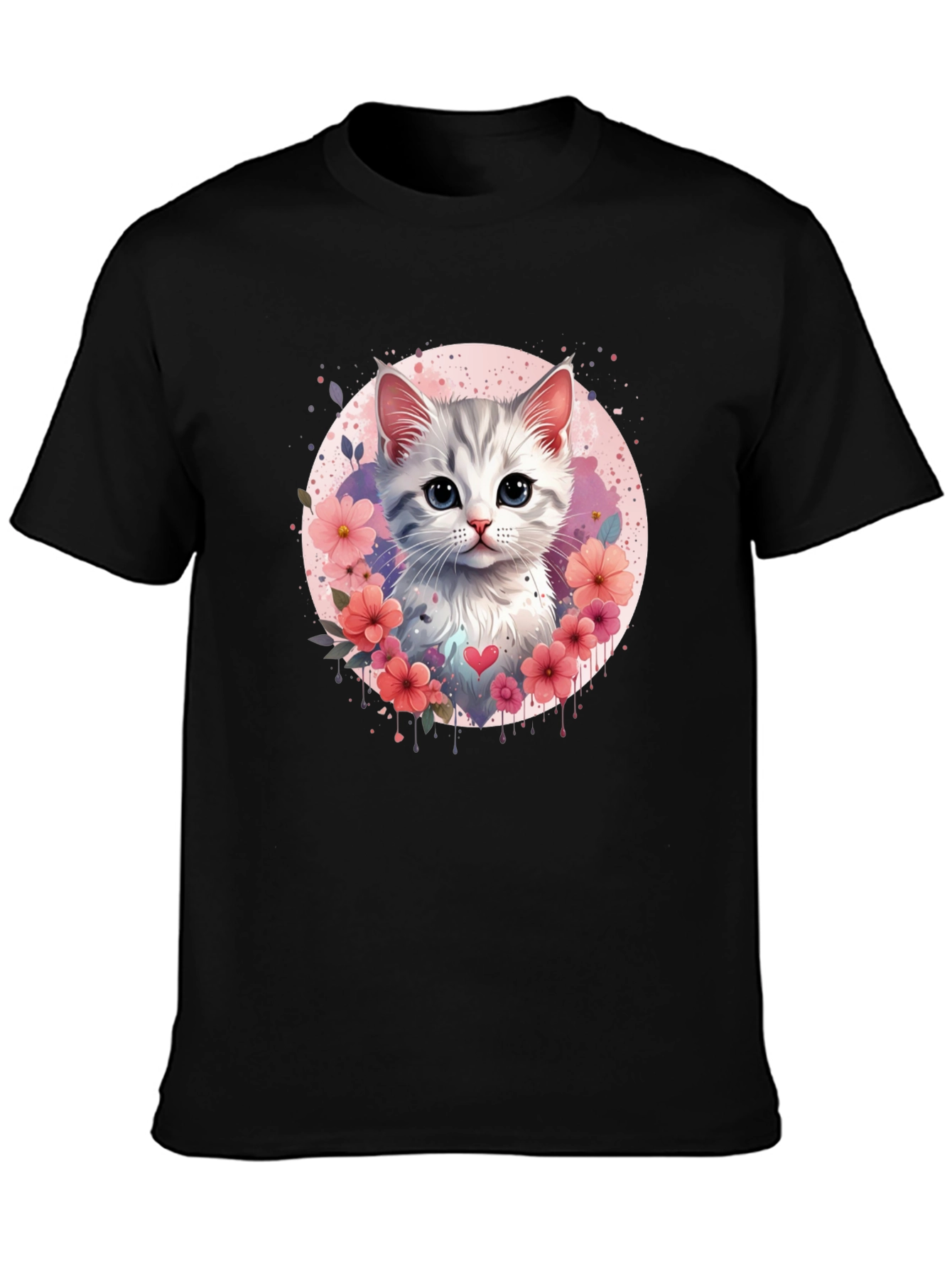 Cute Kitten Floral Heart T-Shirt - Black