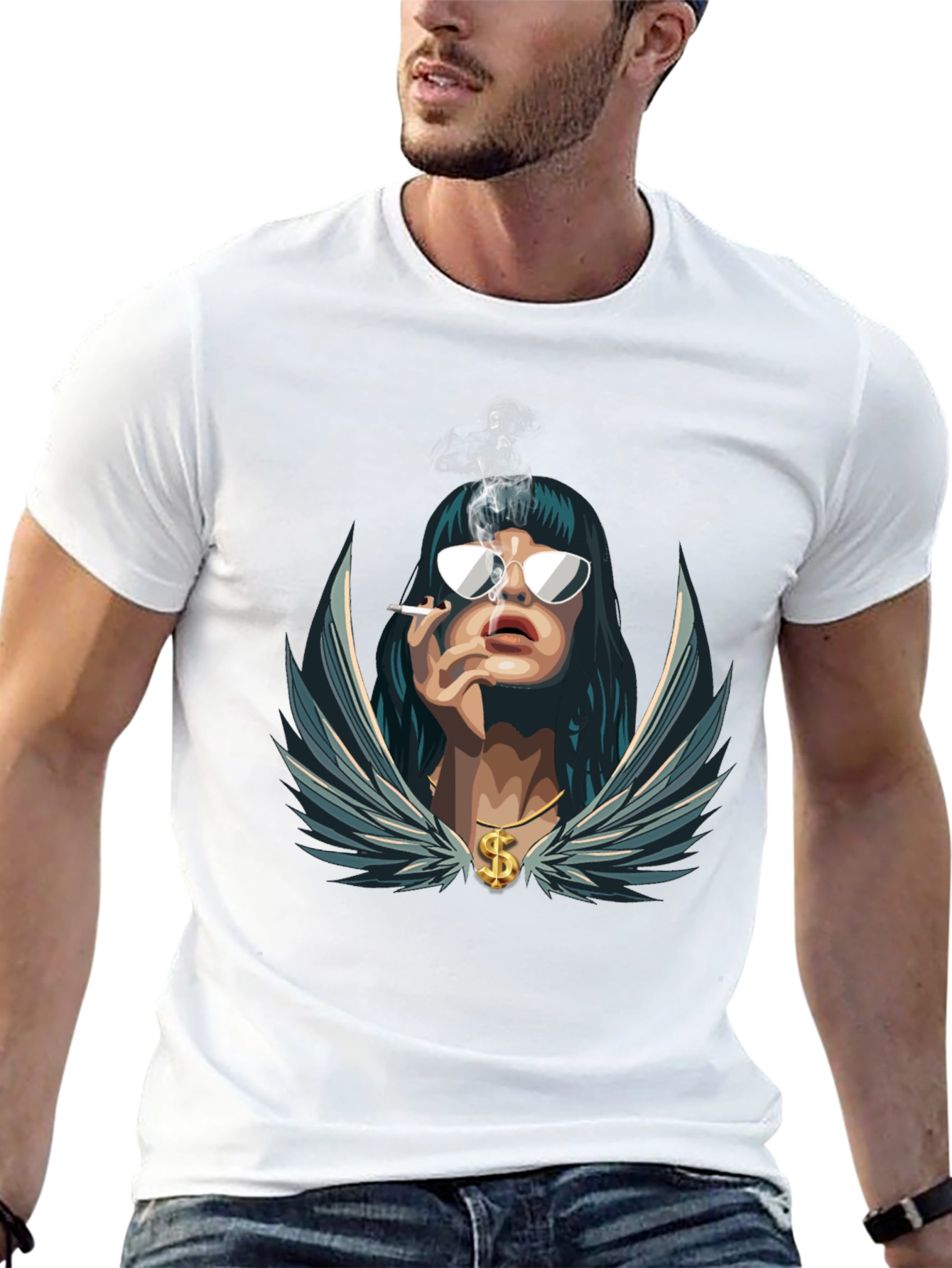 Cool Graphic Tee - Smoking Woman with Wings