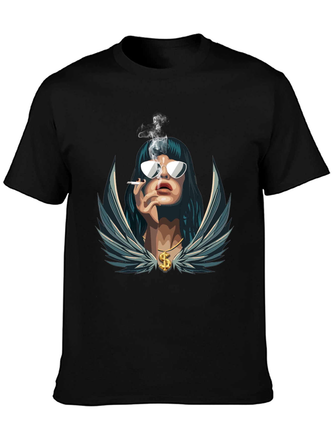 Cool Graphic Tee - Smoking Woman with Wings