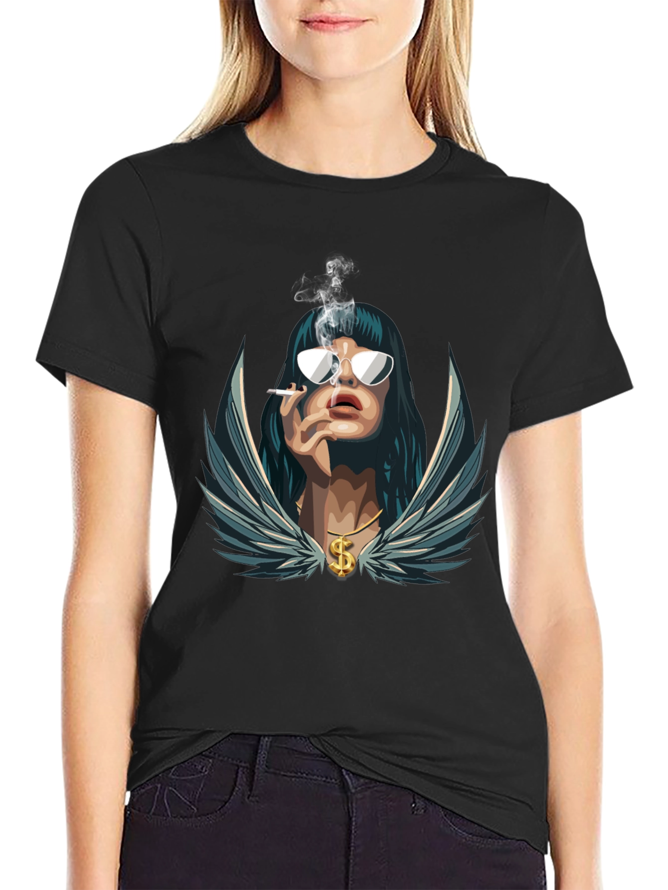 Cool Graphic Tee - Smoking Woman with Wings