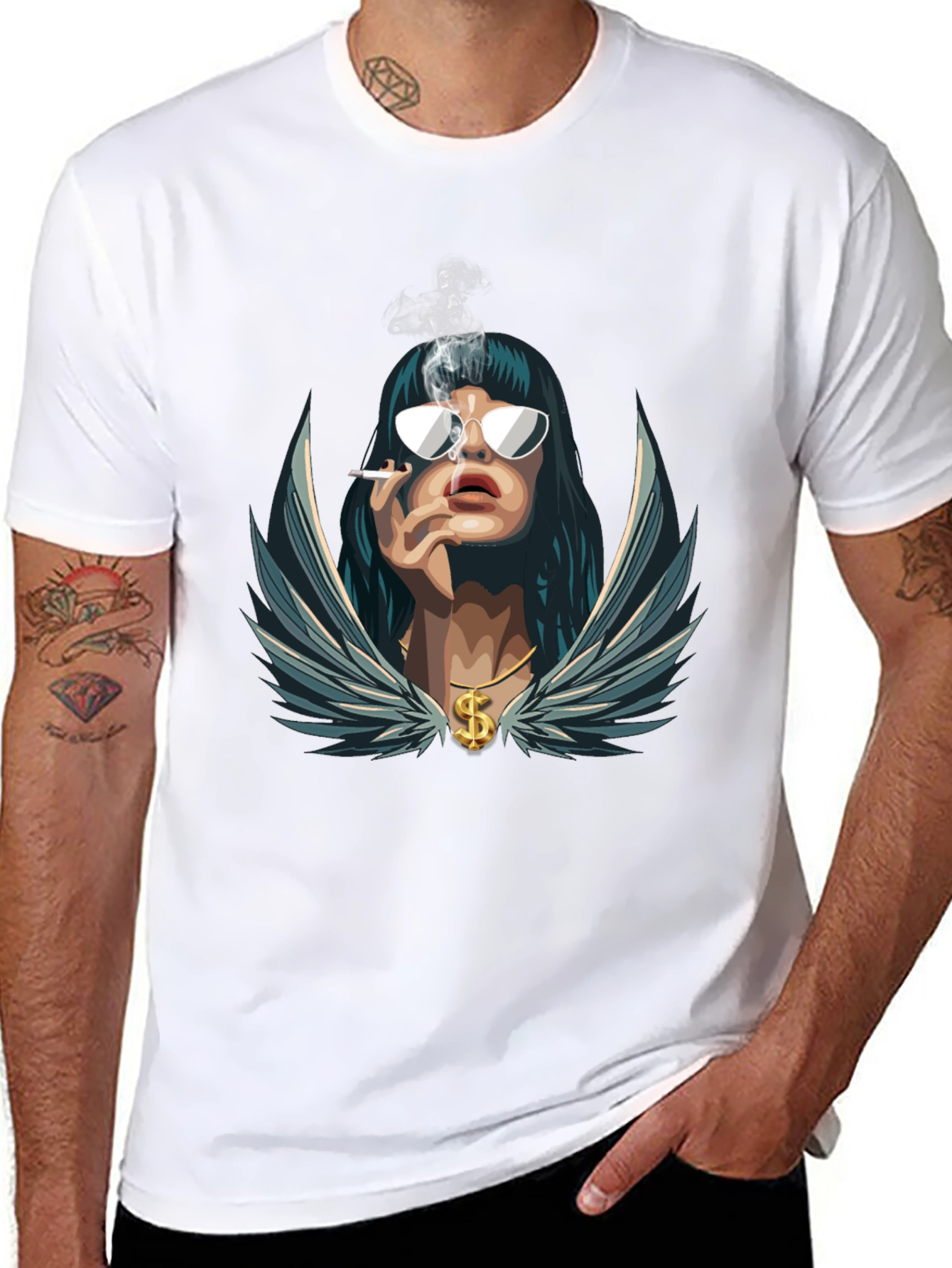 Cool Graphic Tee - Smoking Woman with Wings