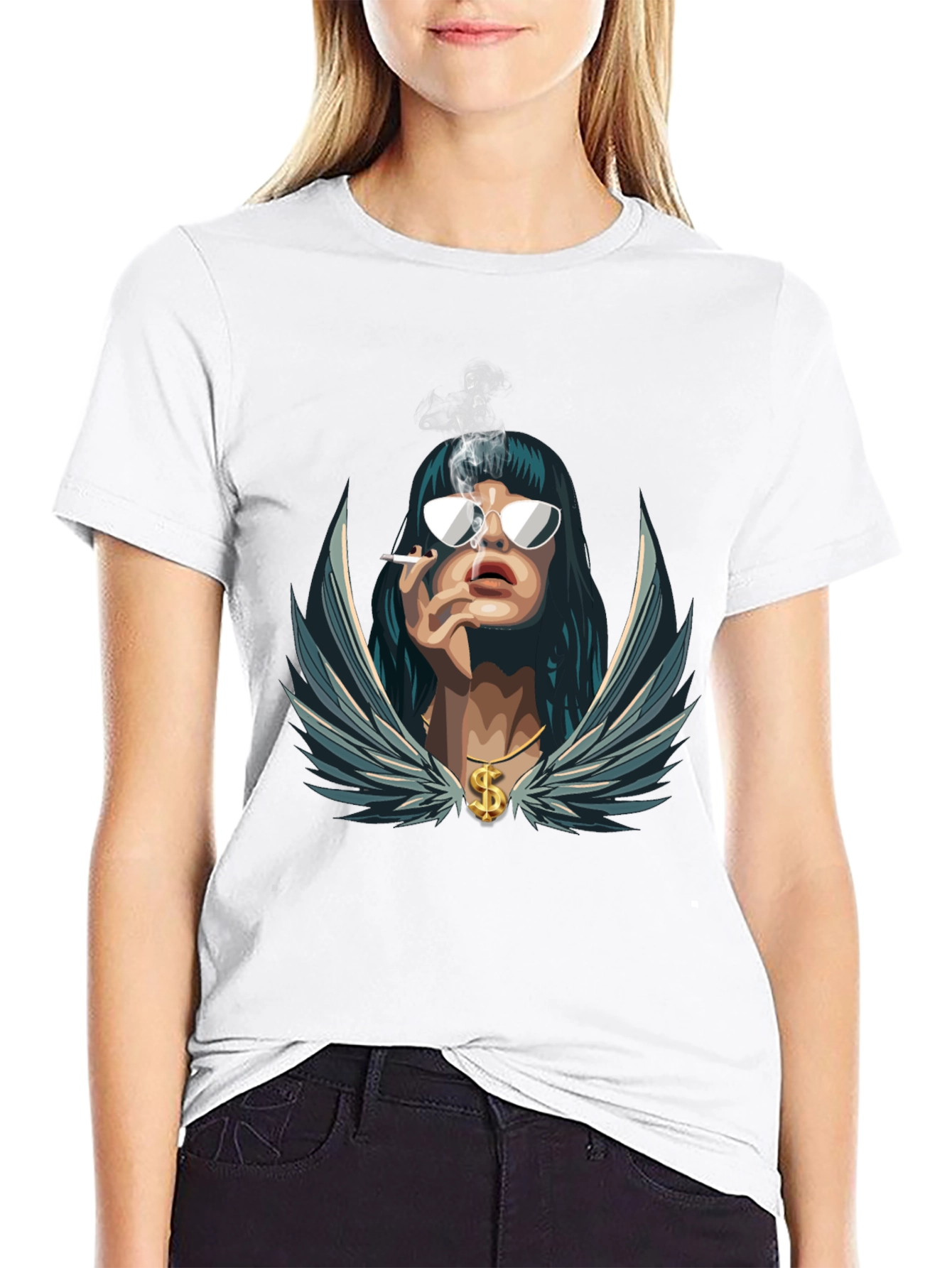 Cool Graphic Tee - Smoking Woman with Wings