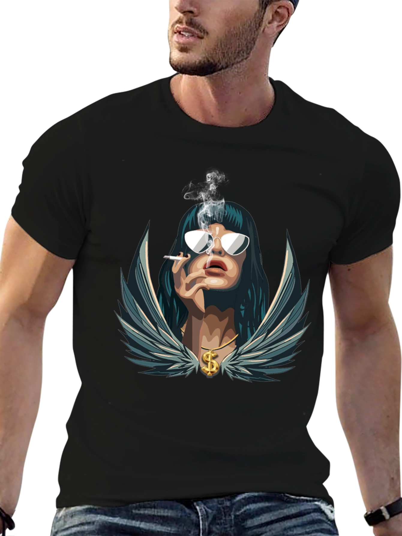 Cool Graphic Tee - Smoking Woman with Wings