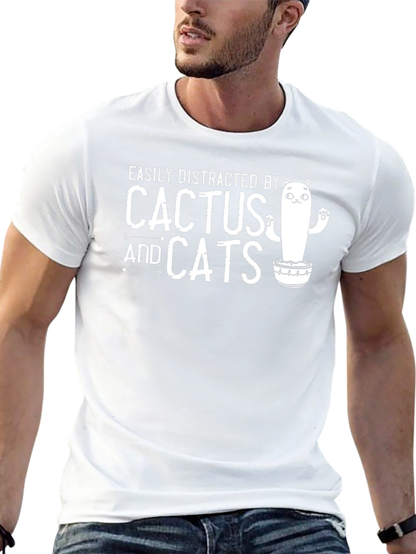 Easily Distracted by Cactus and Cats Funny T-Shirt