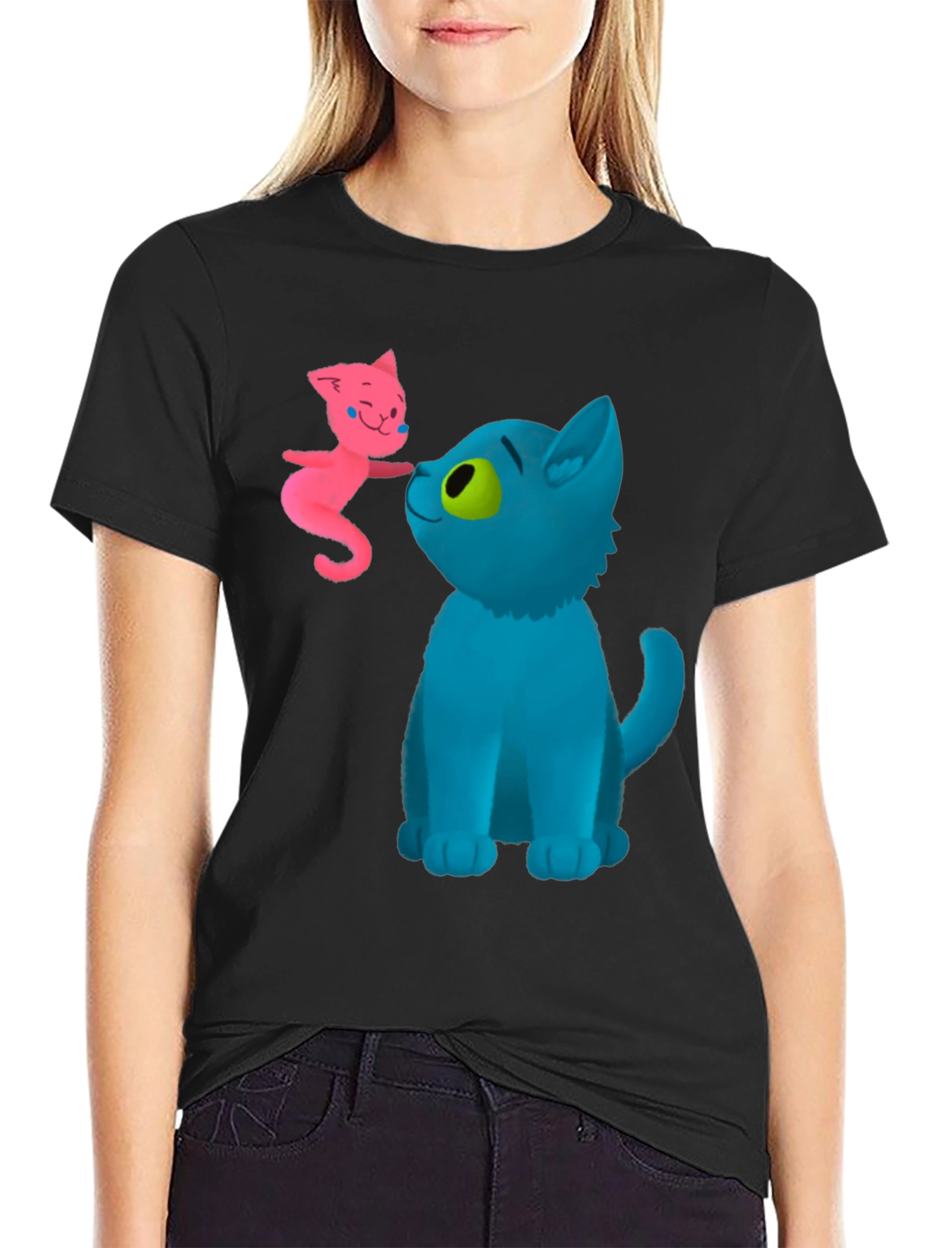 Cartoon Cats Graphic Tee - Whimsical Black T-Shirt