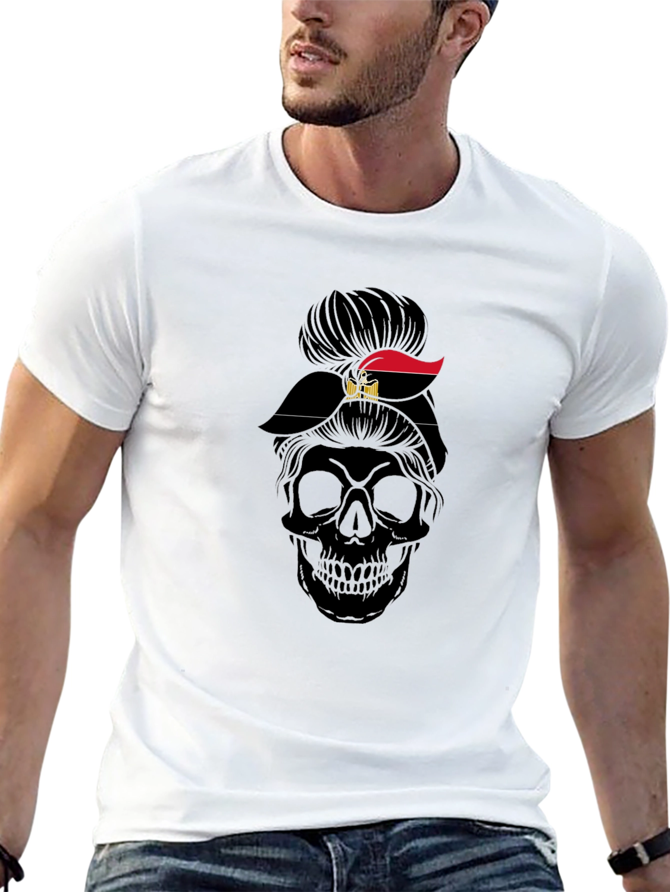 Skull Messy Bun Egypt Flag T-Shirt