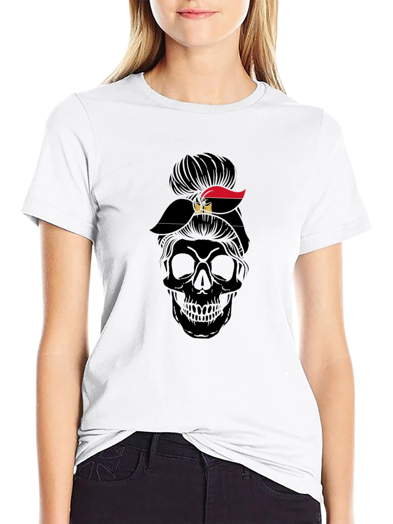 Skull Messy Bun Egypt Flag T-Shirt