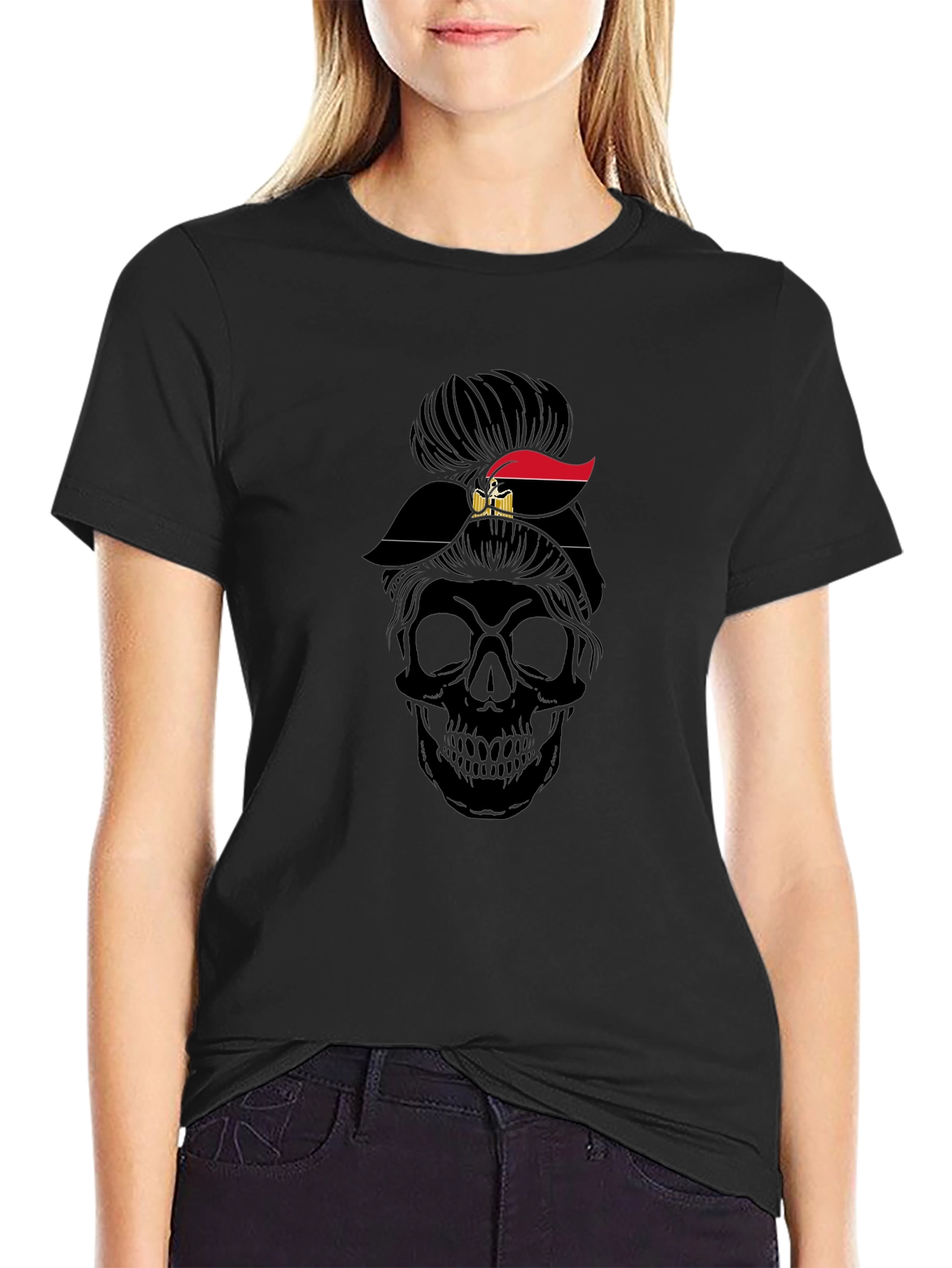 Skull Messy Bun Egypt Flag T-Shirt