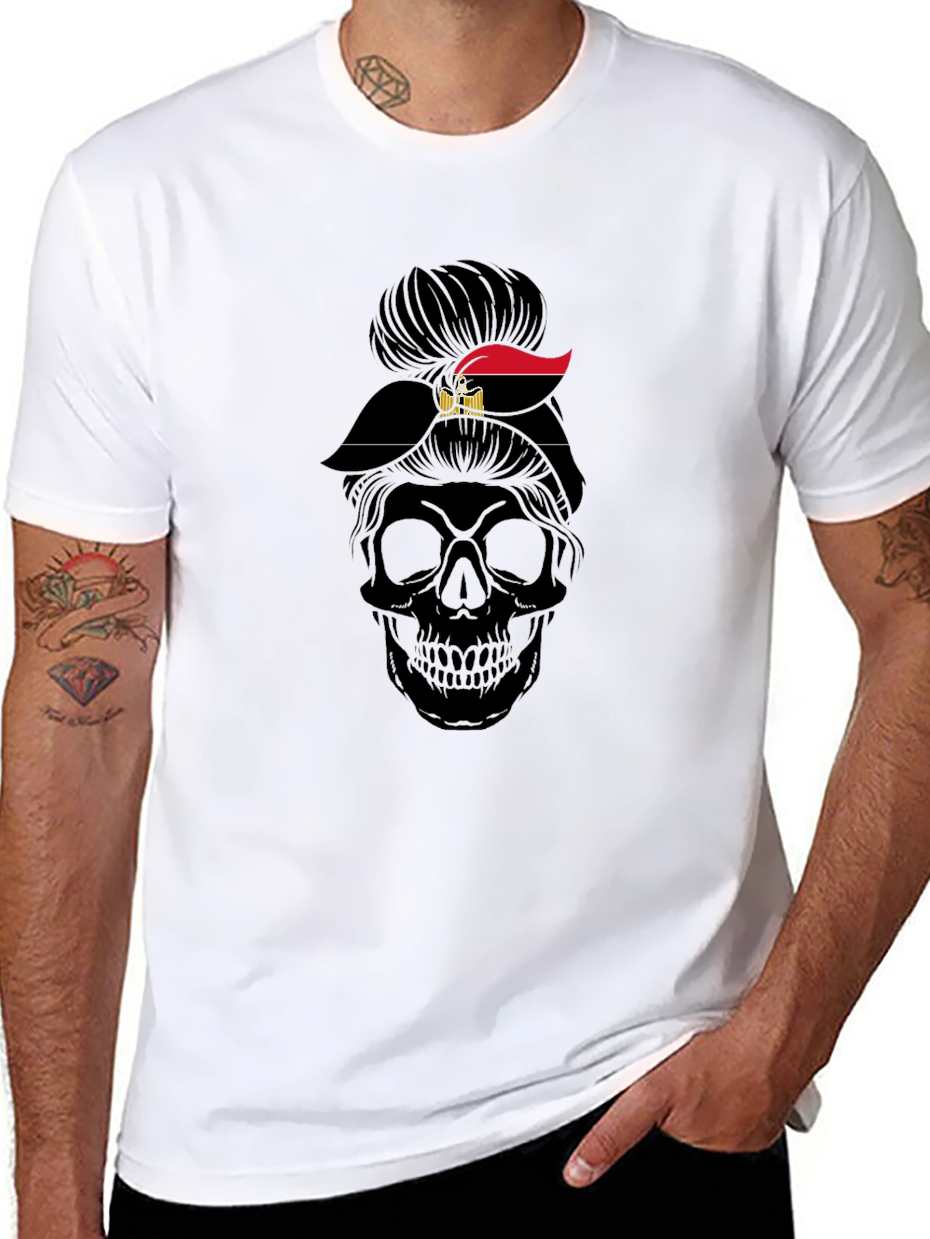 Skull Messy Bun Egypt Flag T-Shirt