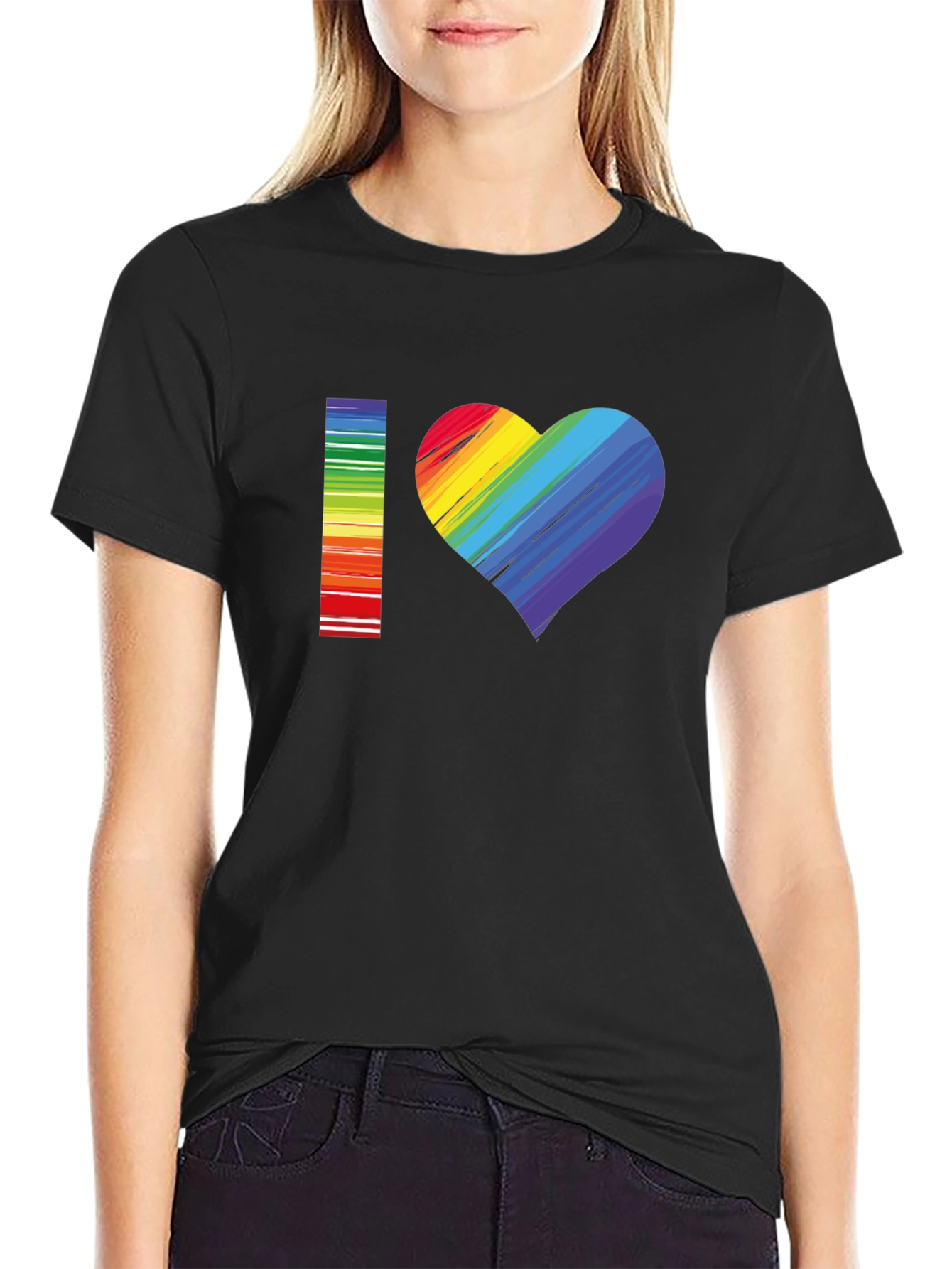 I Love Rainbow Heart Graphic Tee - Black