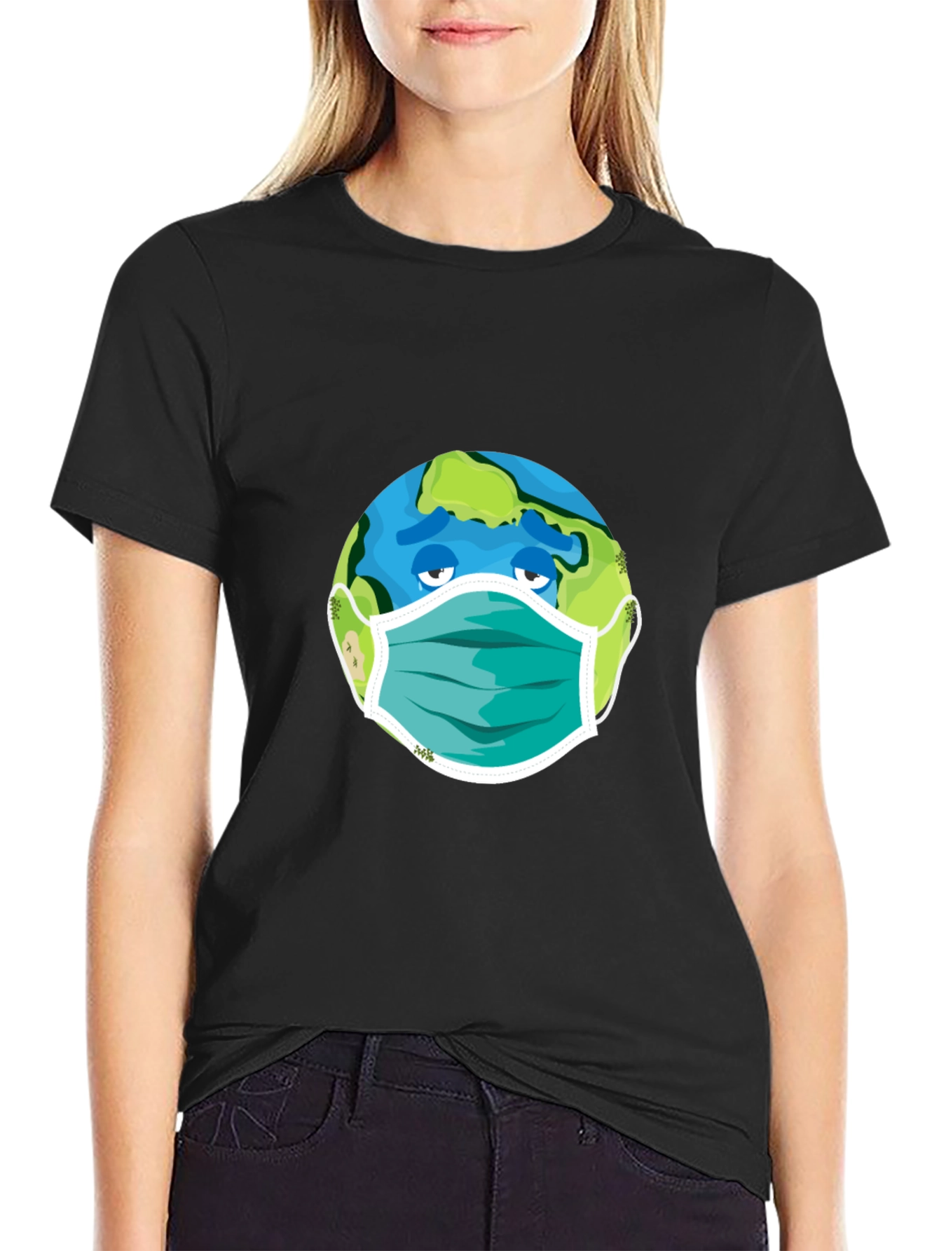 Earth Wearing Mask Graphic Tee - Black