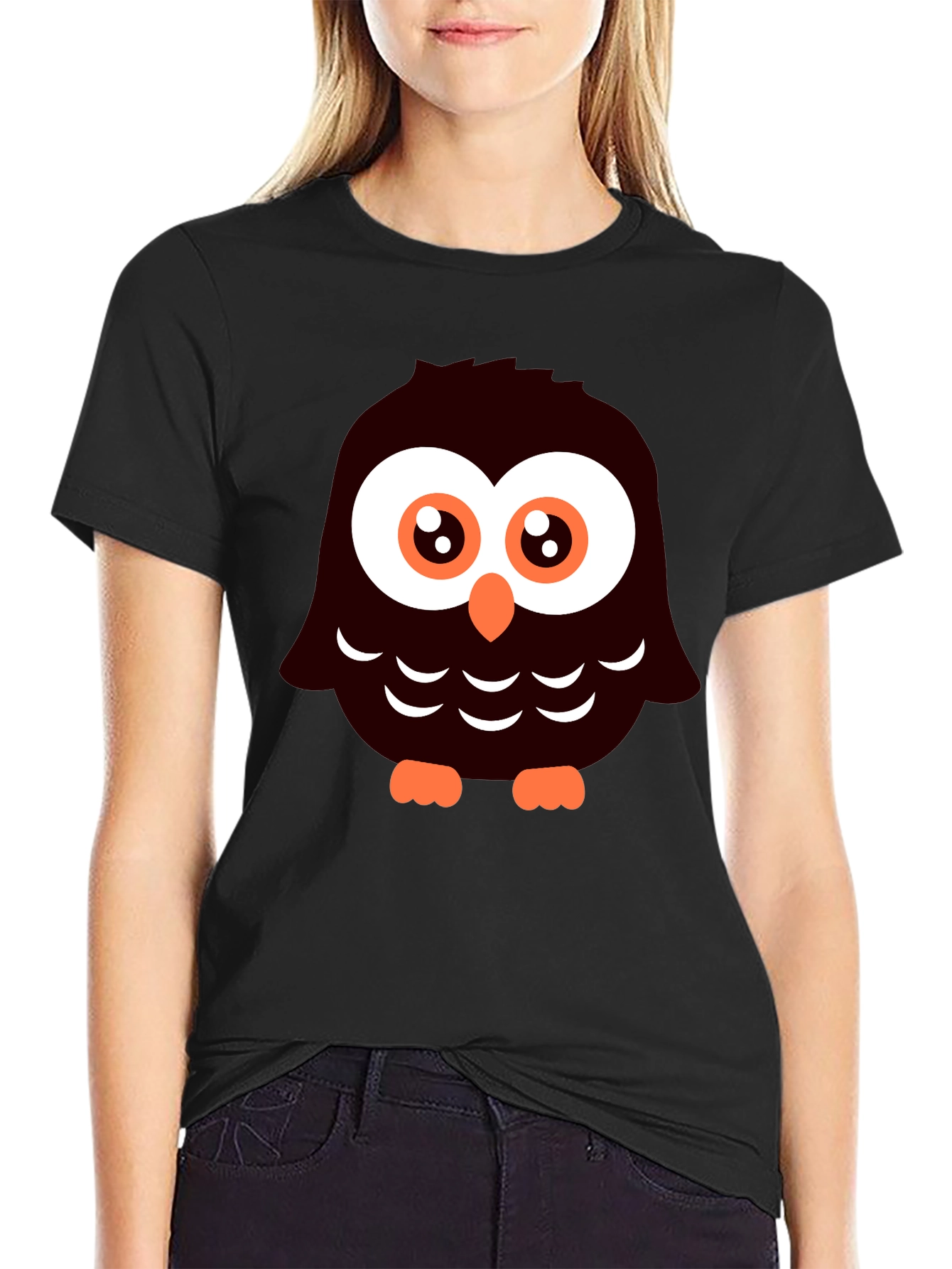 Cute Cartoon Owl Graphic Tee - Black