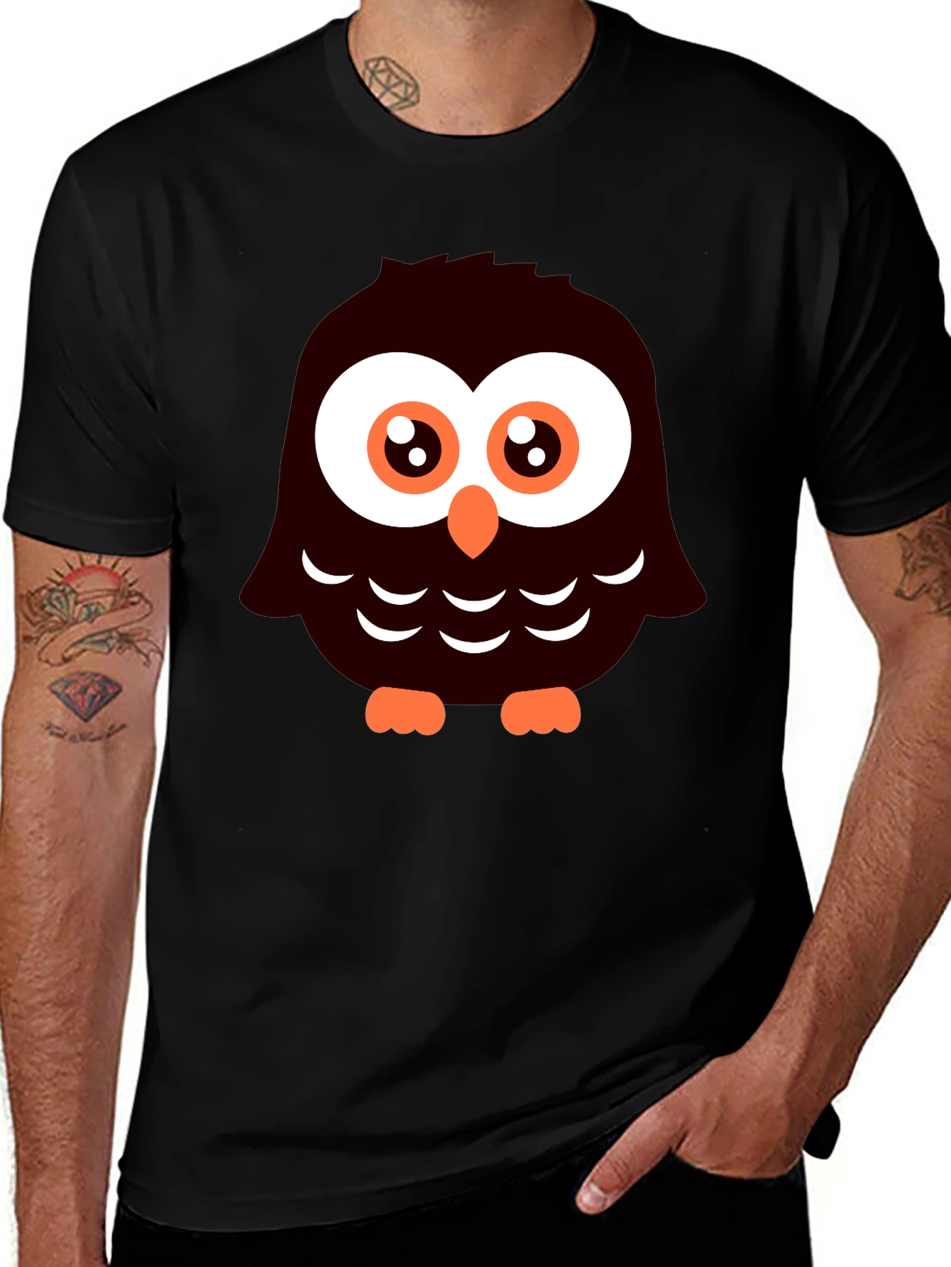 Cute Cartoon Owl Graphic Tee - Black