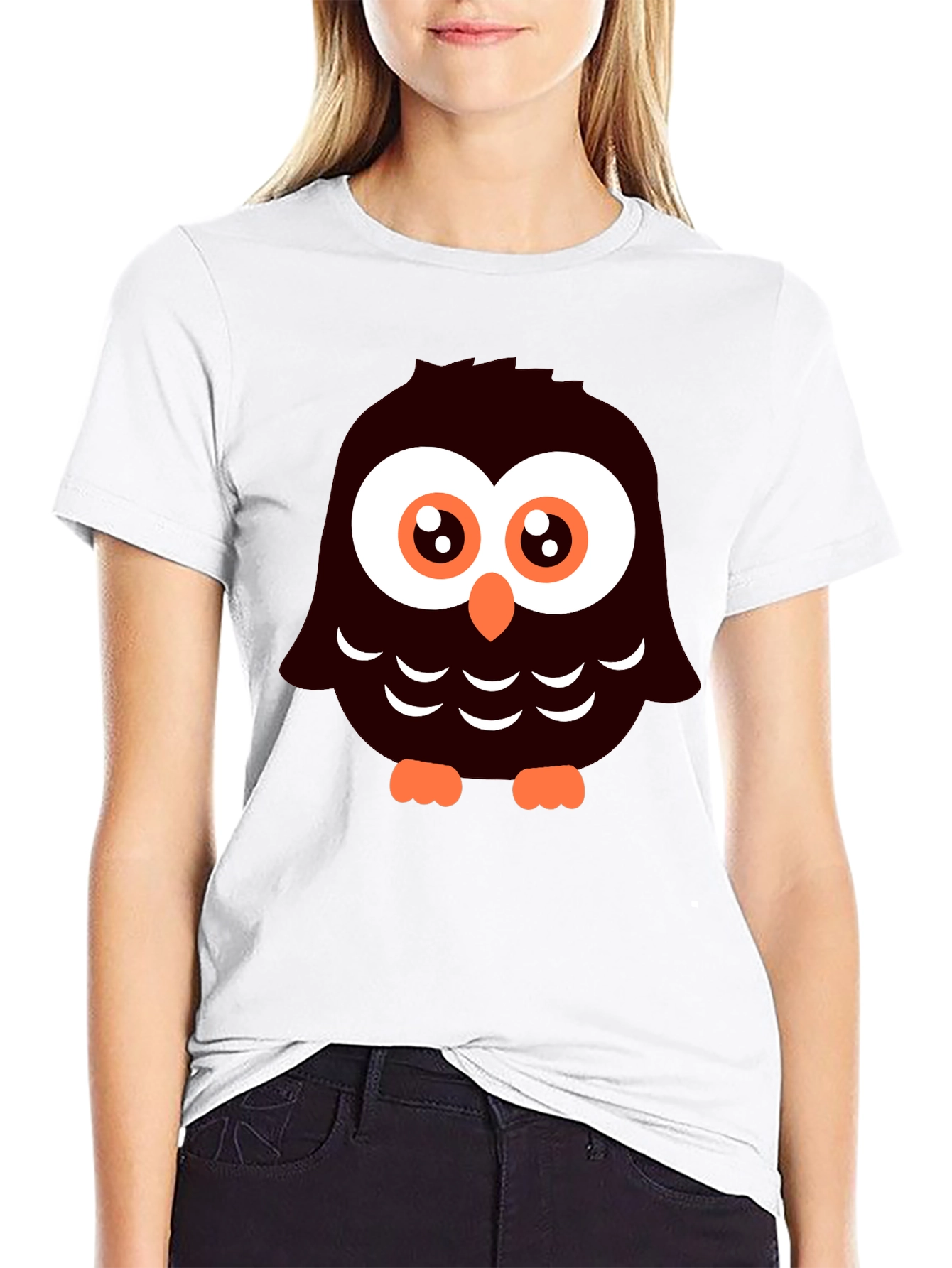 Cute Cartoon Owl Graphic Tee - Black