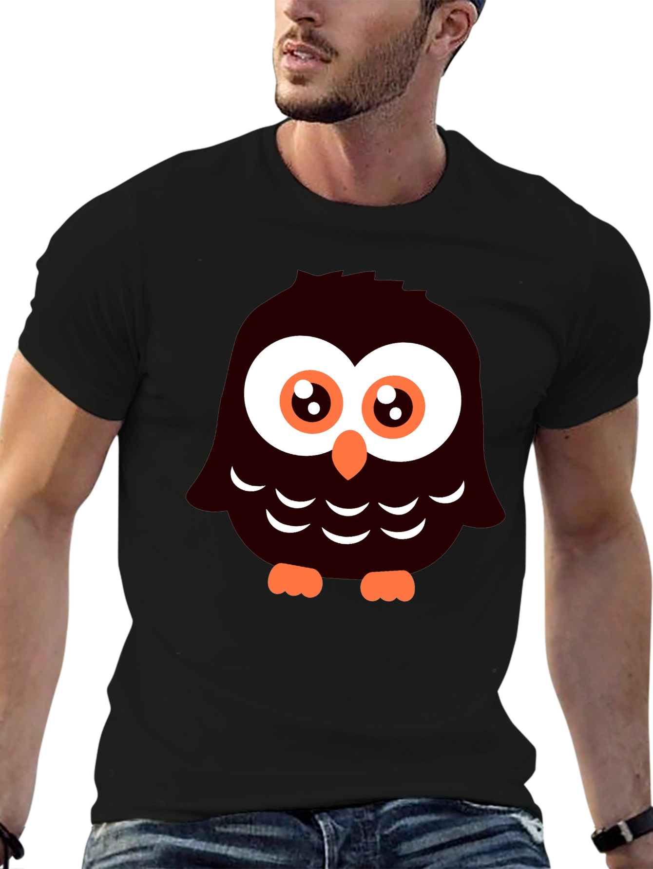 Cute Cartoon Owl Graphic Tee - Black