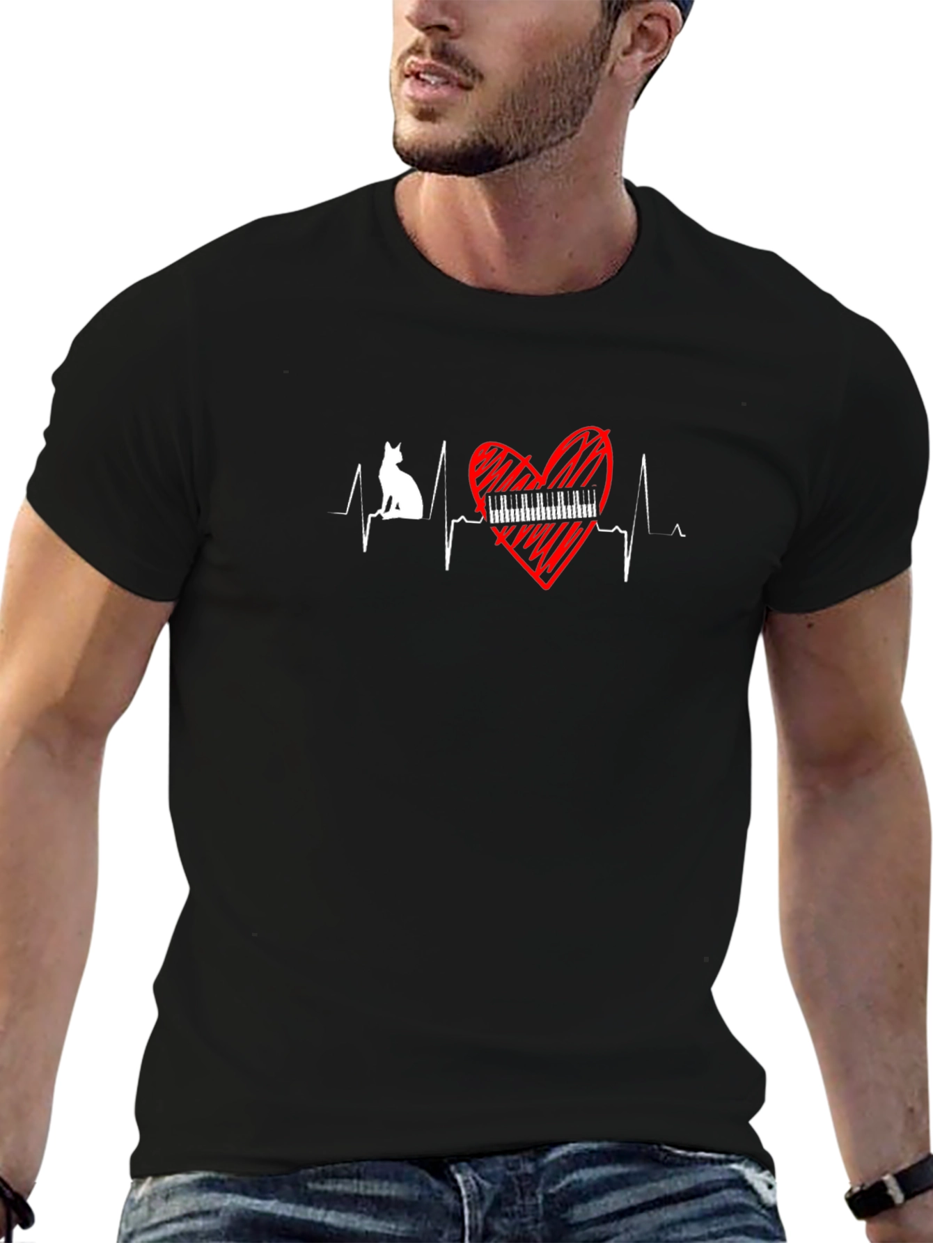 Cat Piano Heartbeat T-Shirt - Music Lover Tee