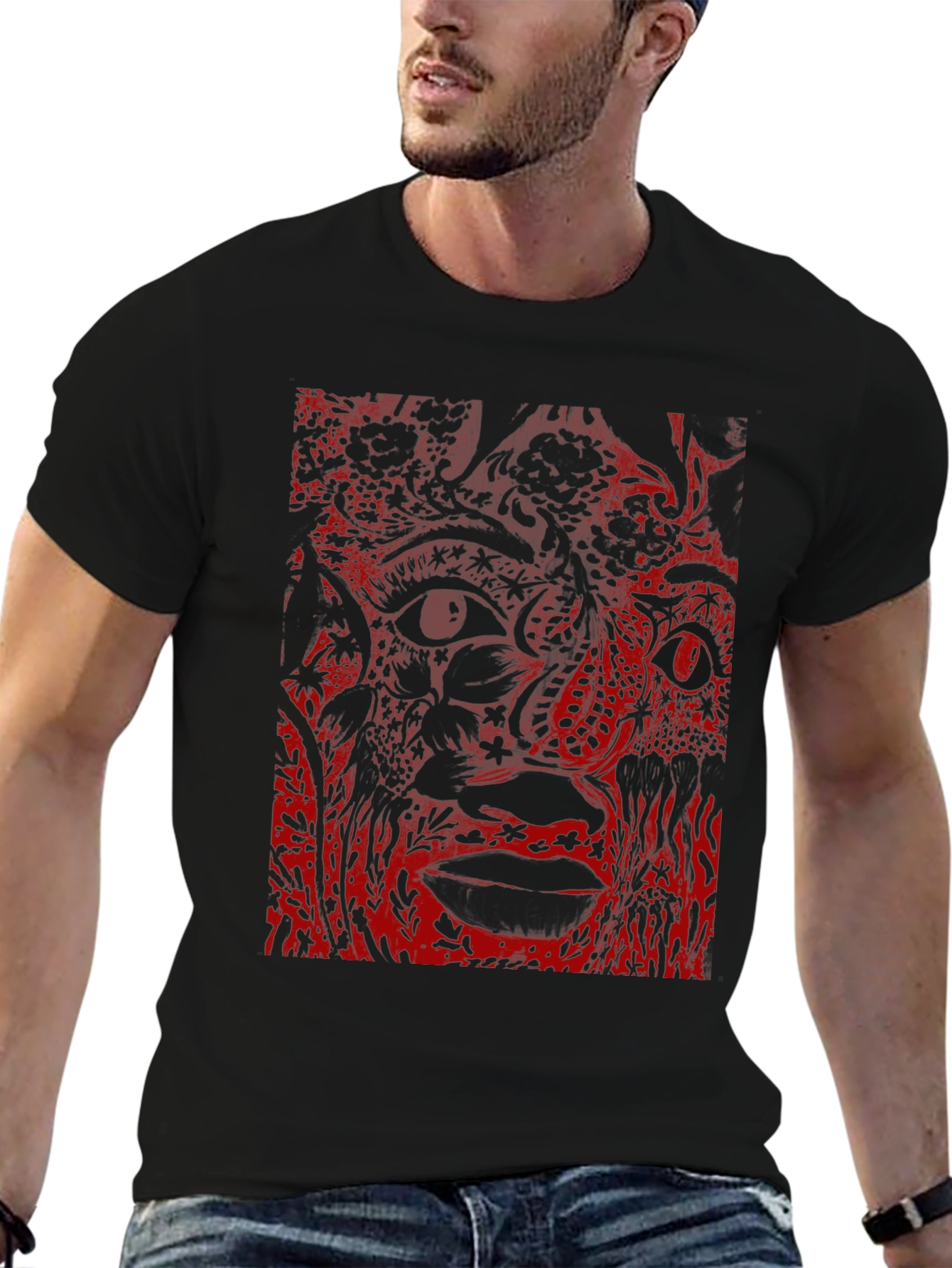 Abstract Face Graphic Black T-Shirt