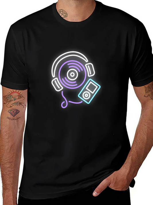 Neon Music Graphic Tee - Black Cotton Casual