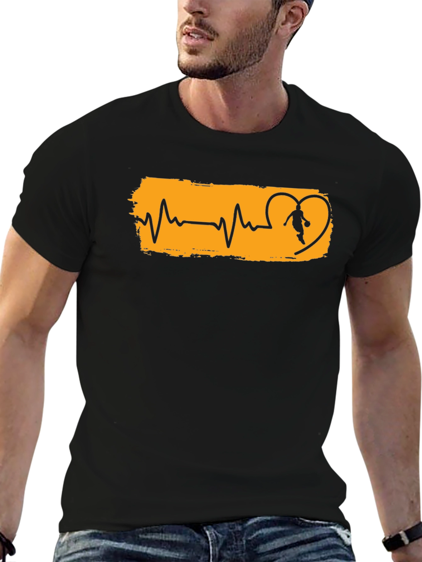 Basketball Heartbeat Graphic T-Shirt - Black