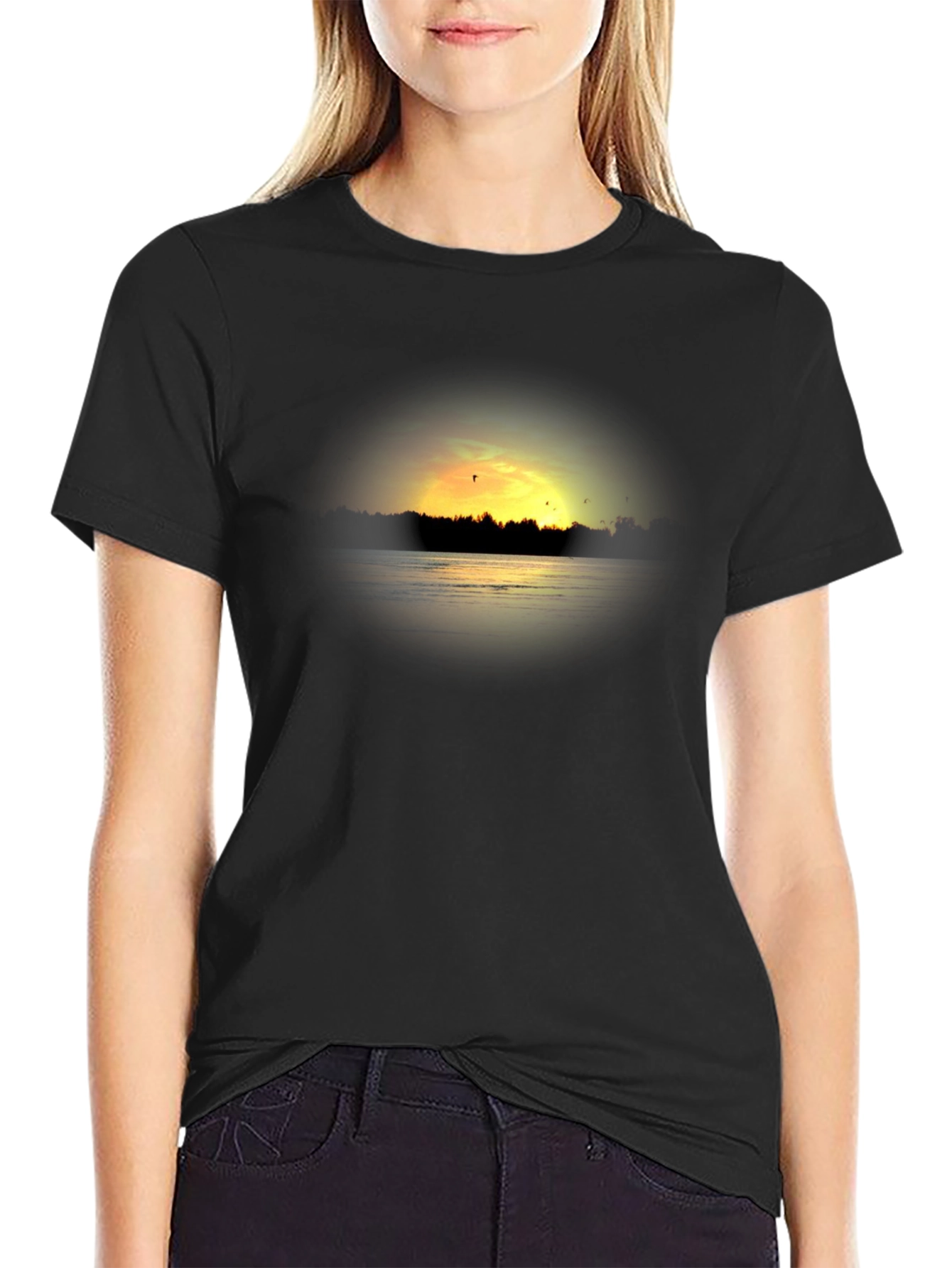 Sunset Lake Graphic Tee - Black Cotton T-Shirt