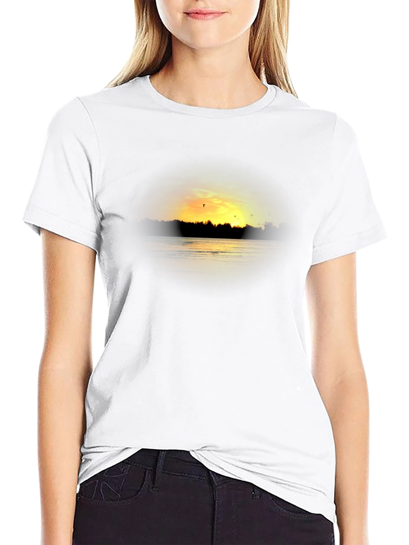 Sunset Lake Graphic Tee - Black Cotton T-Shirt
