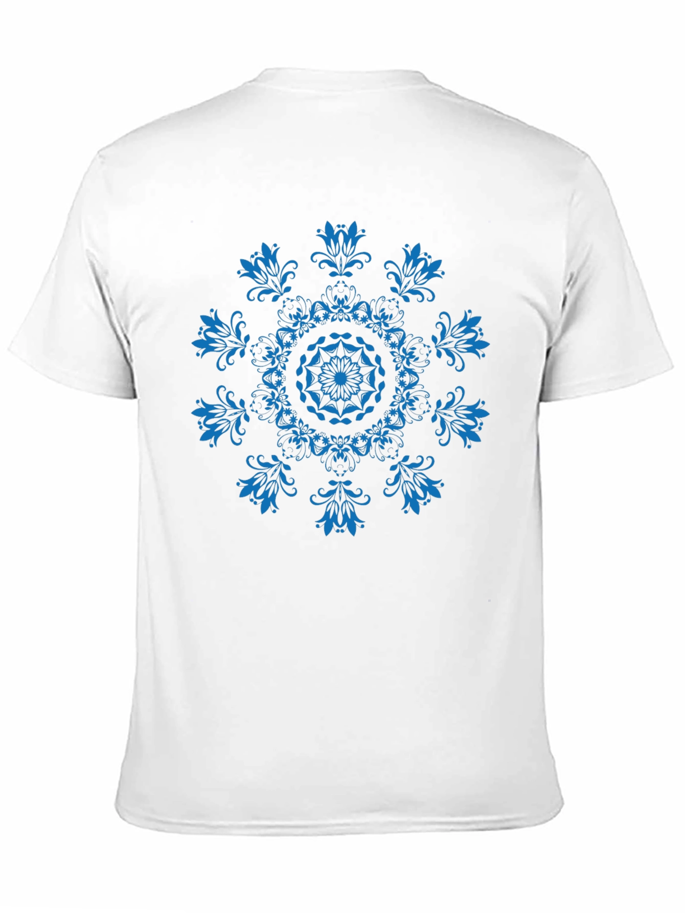 Black T-Shirt with Blue Floral Mandala Design