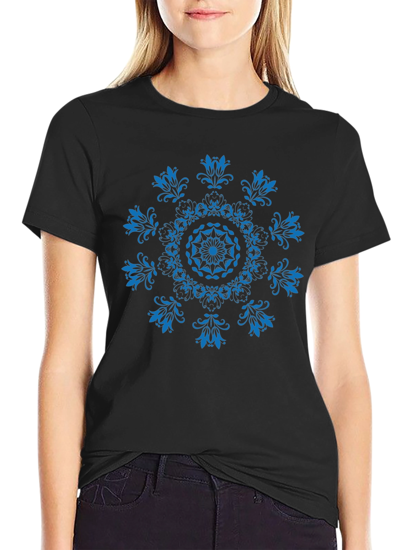 Black T-Shirt with Blue Floral Mandala Design
