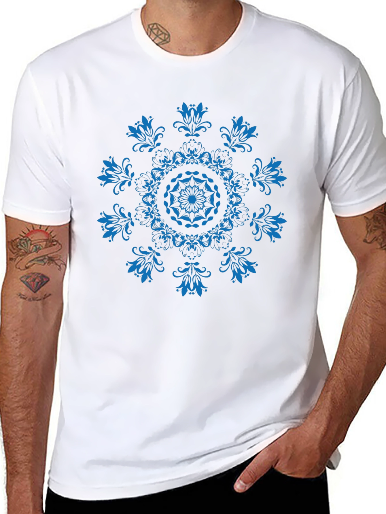 Black T-Shirt with Blue Floral Mandala Design