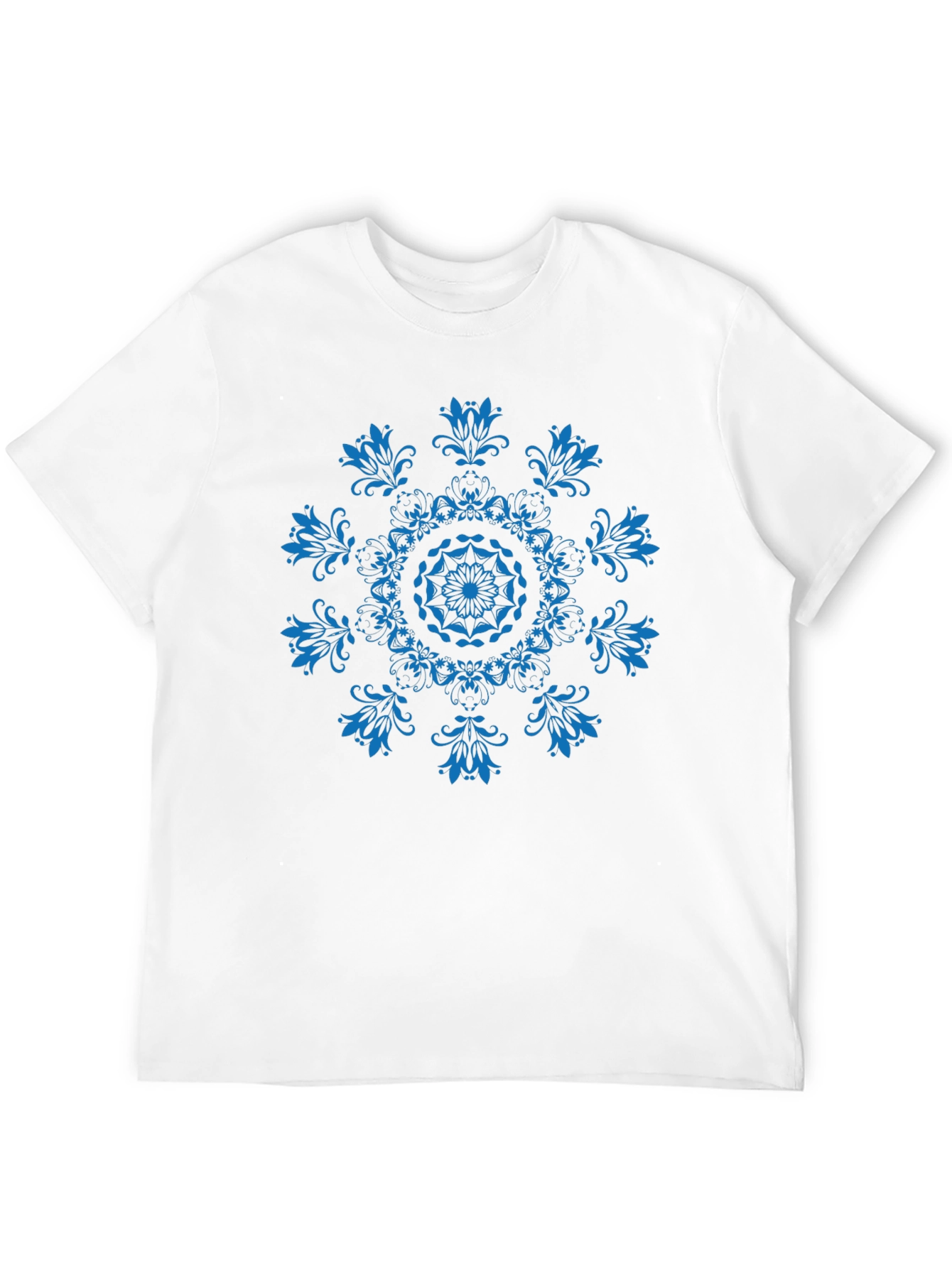 Black T-Shirt with Blue Floral Mandala Design