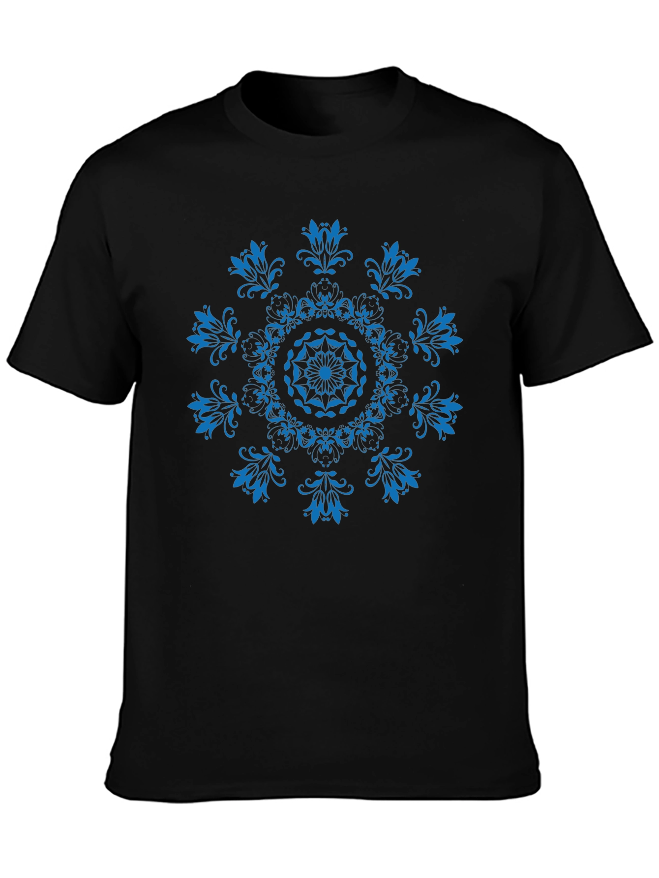 Black T-Shirt with Blue Floral Mandala Design