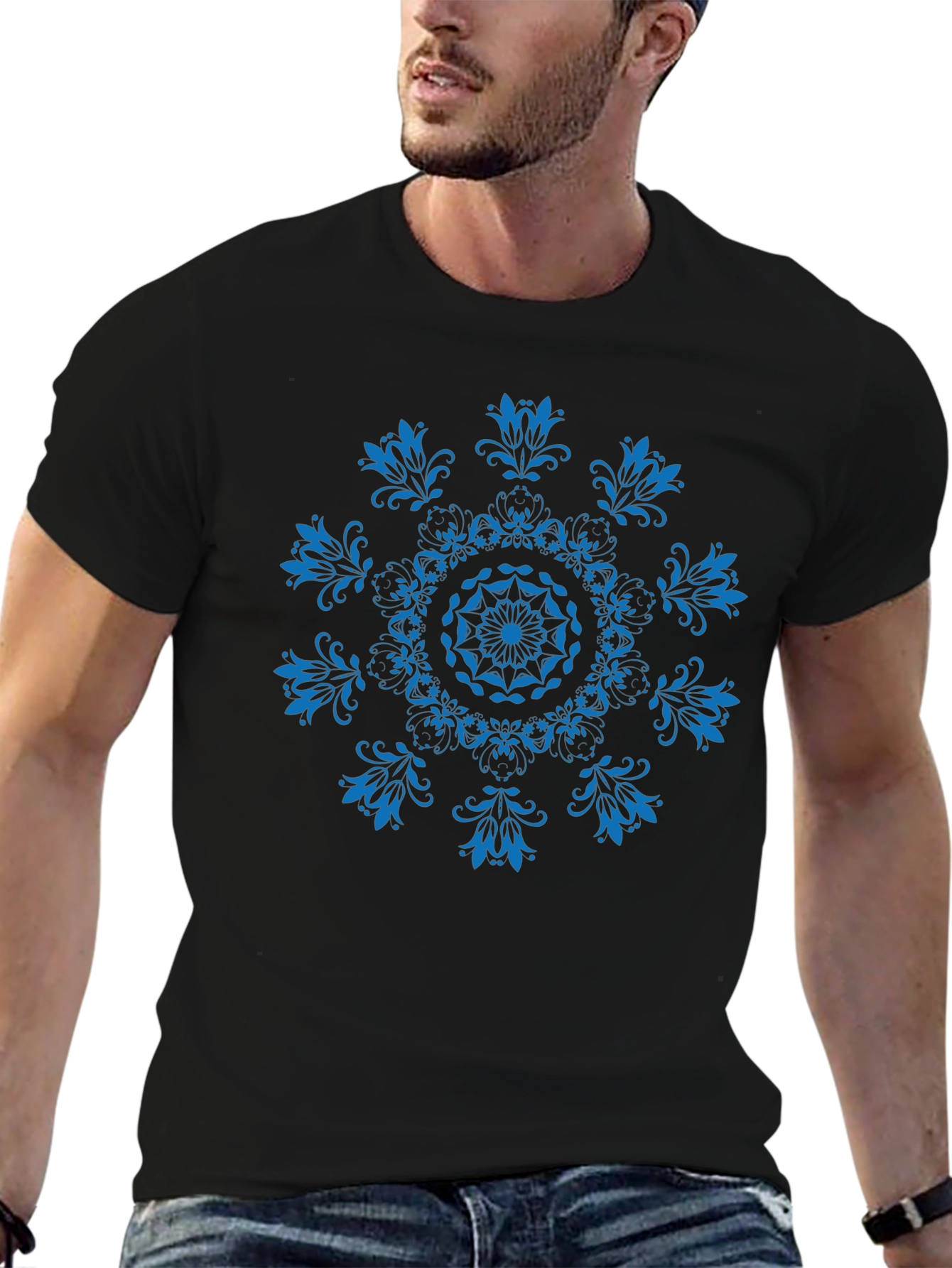 Black T-Shirt with Blue Floral Mandala Design