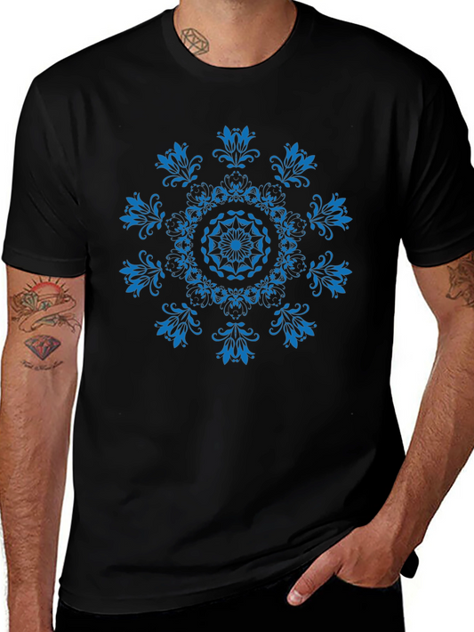 Black T-Shirt with Blue Floral Mandala Design