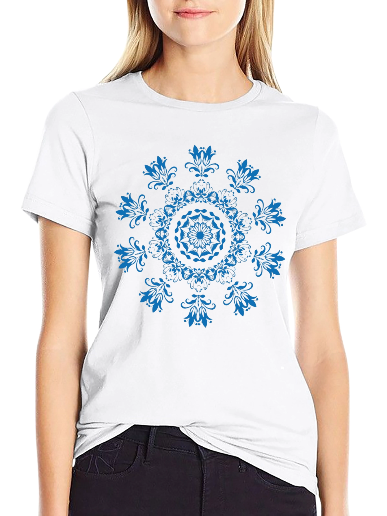 Black T-Shirt with Blue Floral Mandala Design