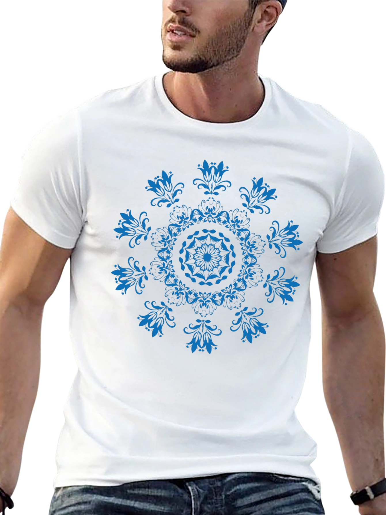 Black T-Shirt with Blue Floral Mandala Design