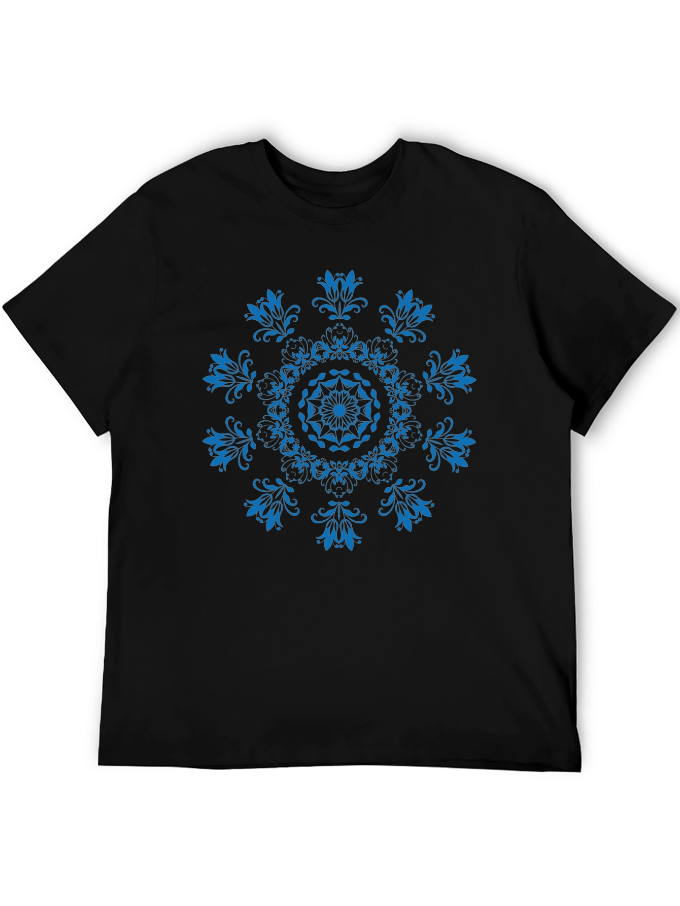 Black T-Shirt with Blue Floral Mandala Design