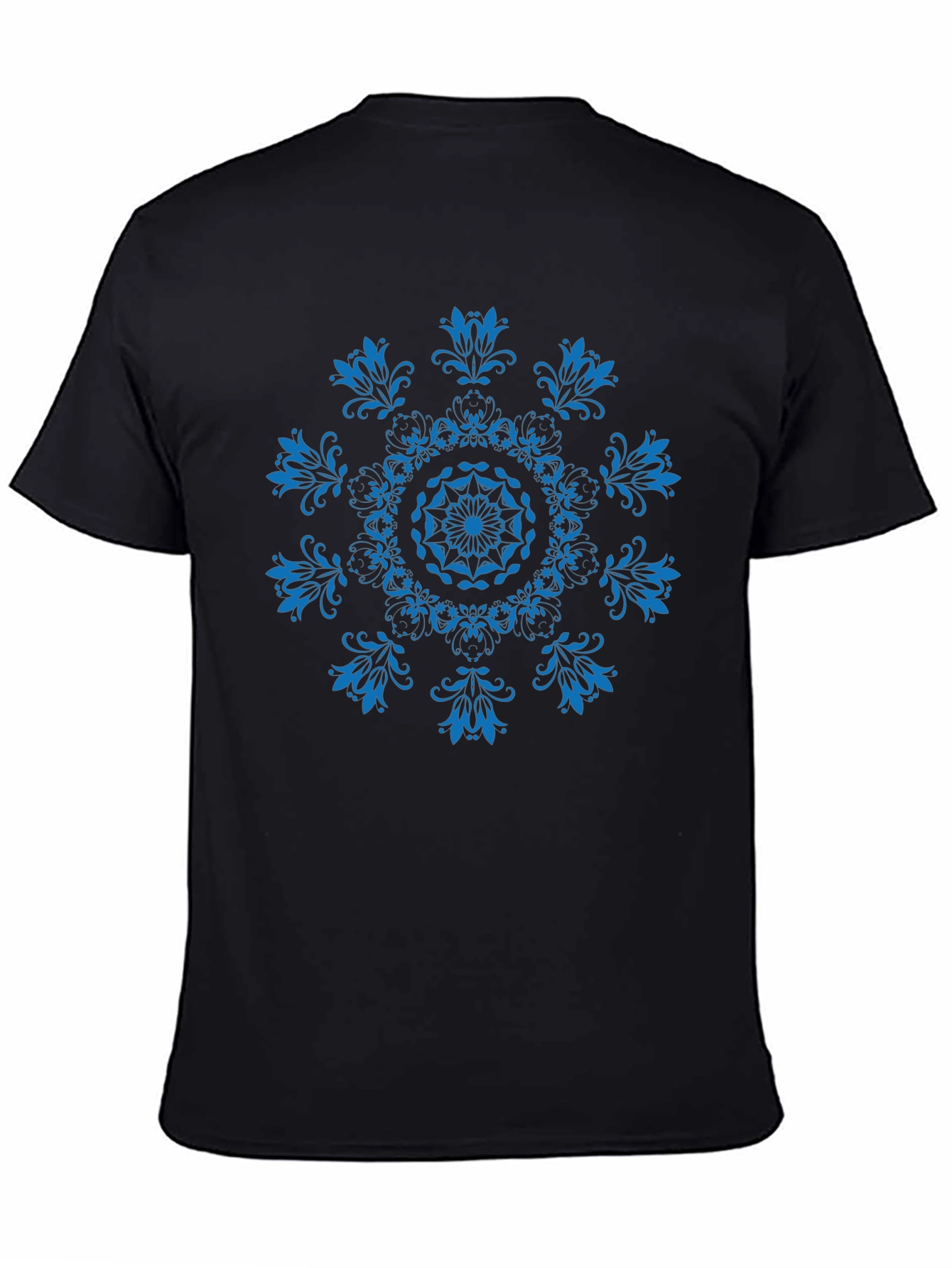 Black T-Shirt with Blue Floral Mandala Design