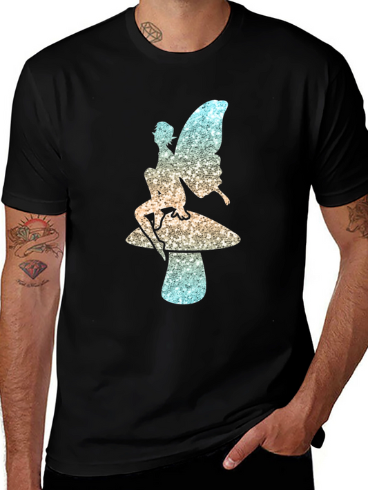 Fairy on Mushroom Black T-Shirt Unique Design
