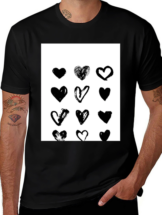 Heart Print Black Crew Neck T-Shirt