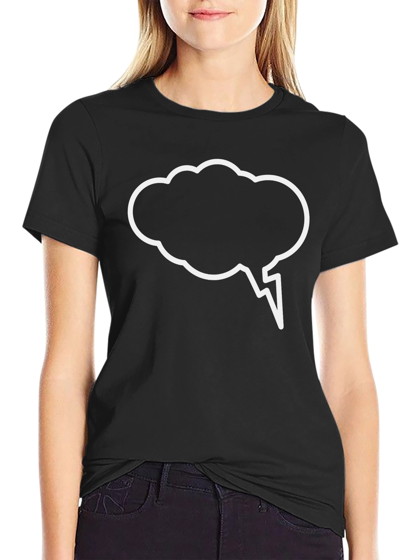 Black T-Shirt with White Cloud Speech Bubble Design