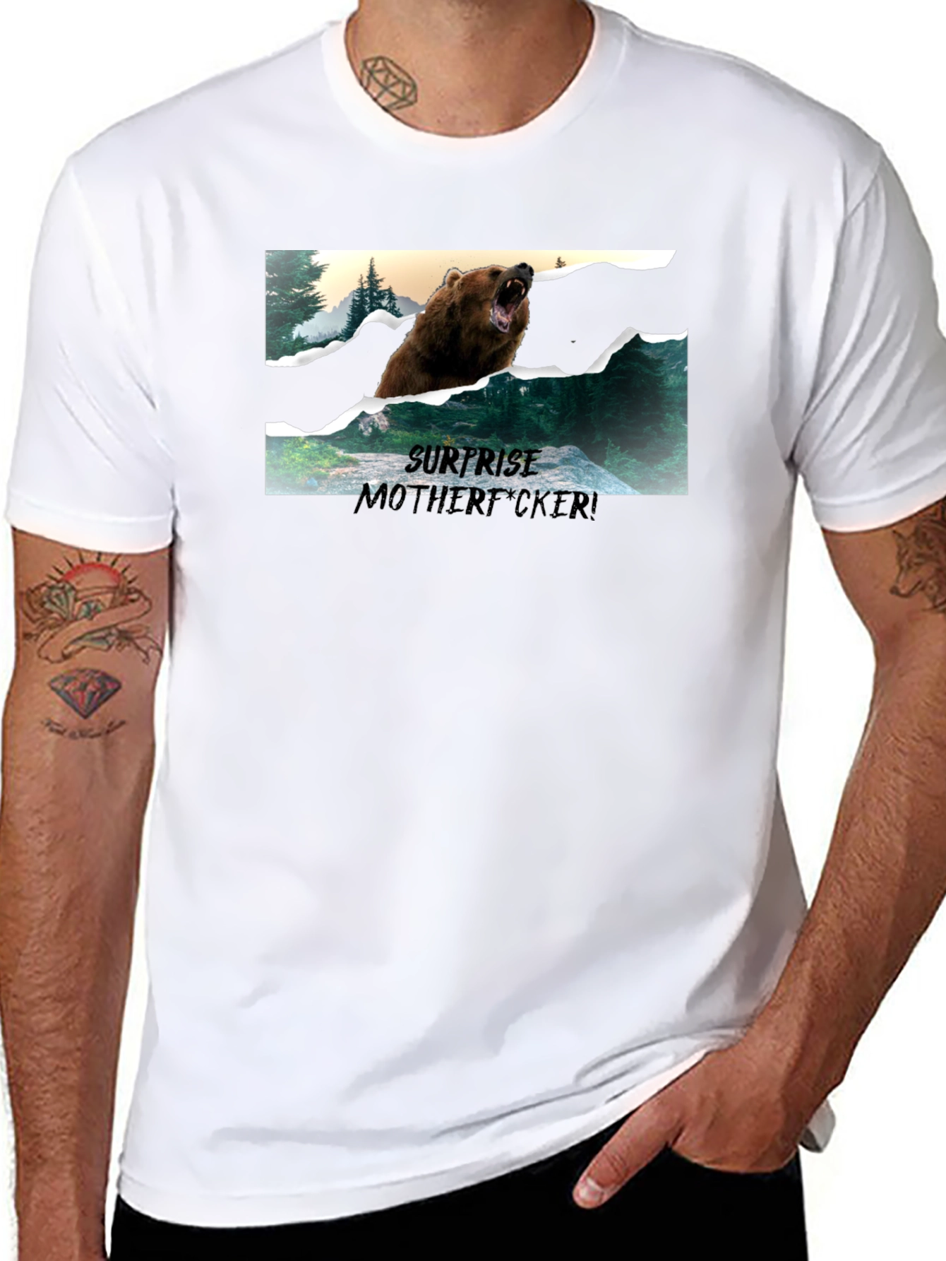 Surprise Bear Graphic Tee - Black Cotton Blend