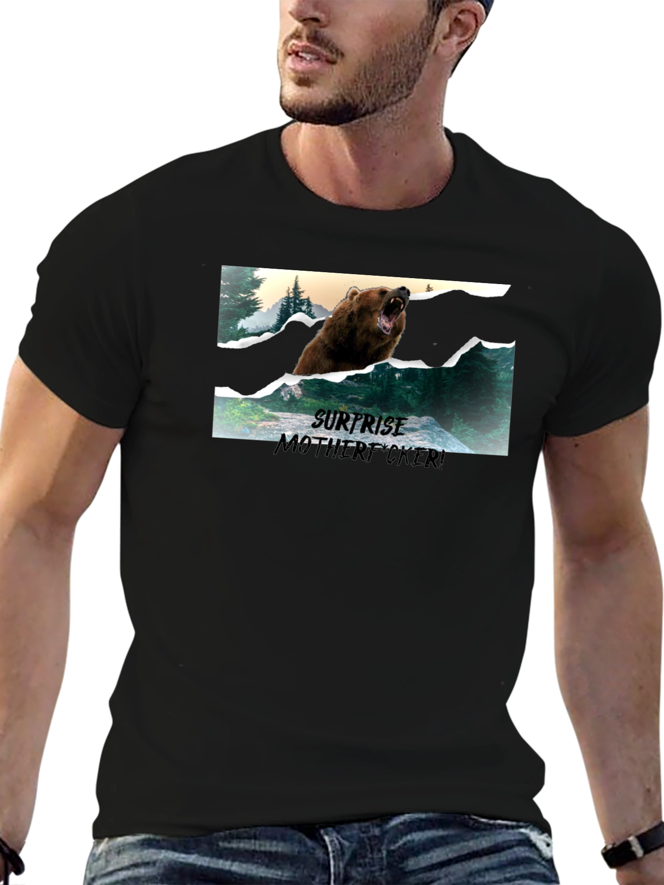 Surprise Bear Graphic Tee - Black Cotton Blend