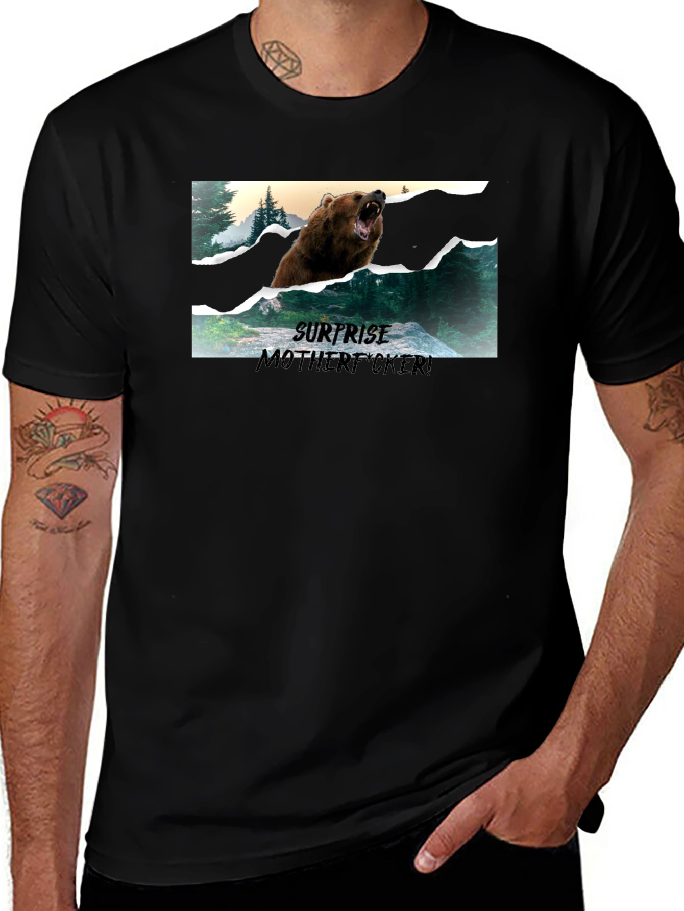 Surprise Bear Graphic Tee - Black Cotton Blend