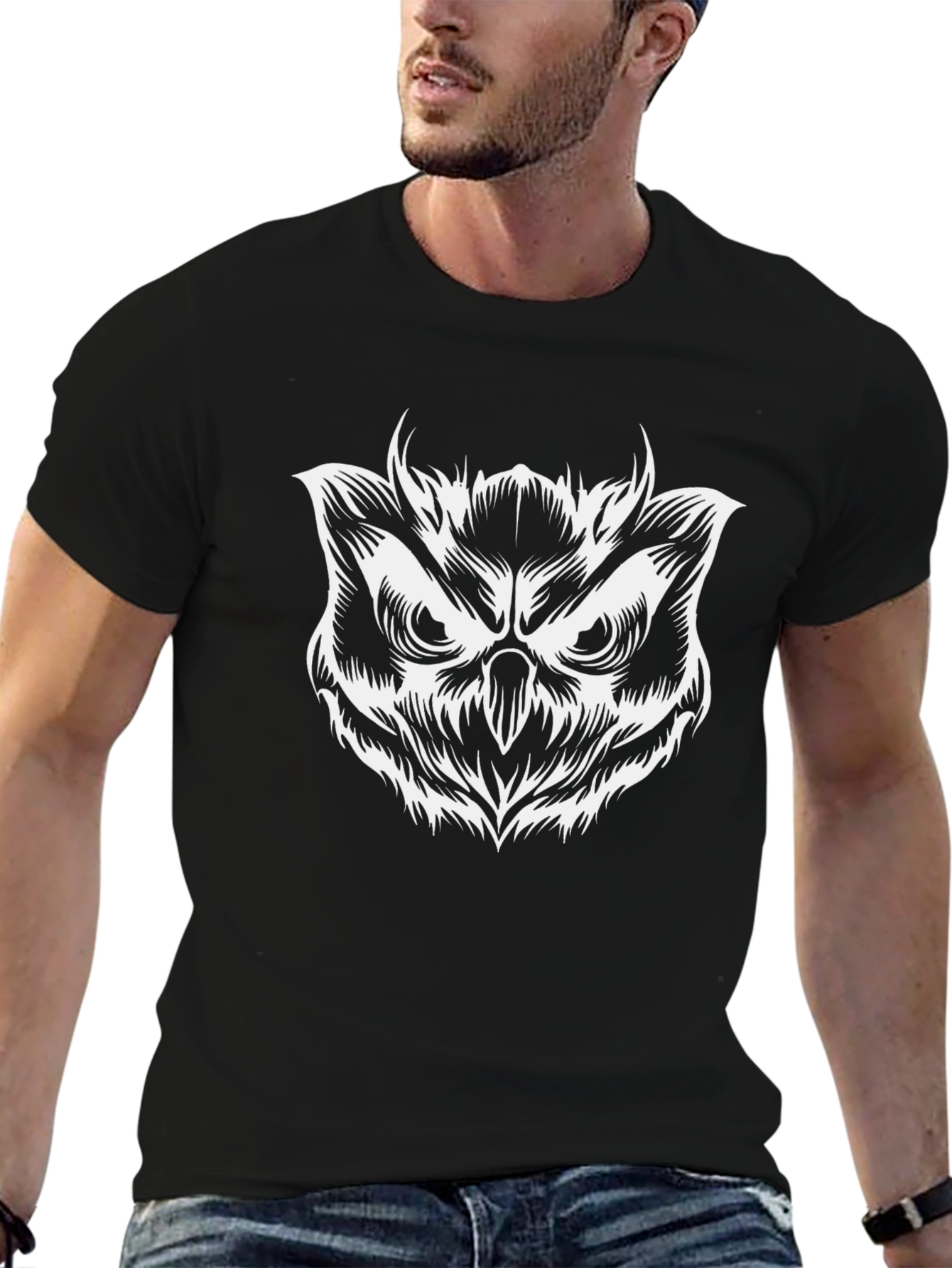 Mens Black T-Shirt with Owl Graphic