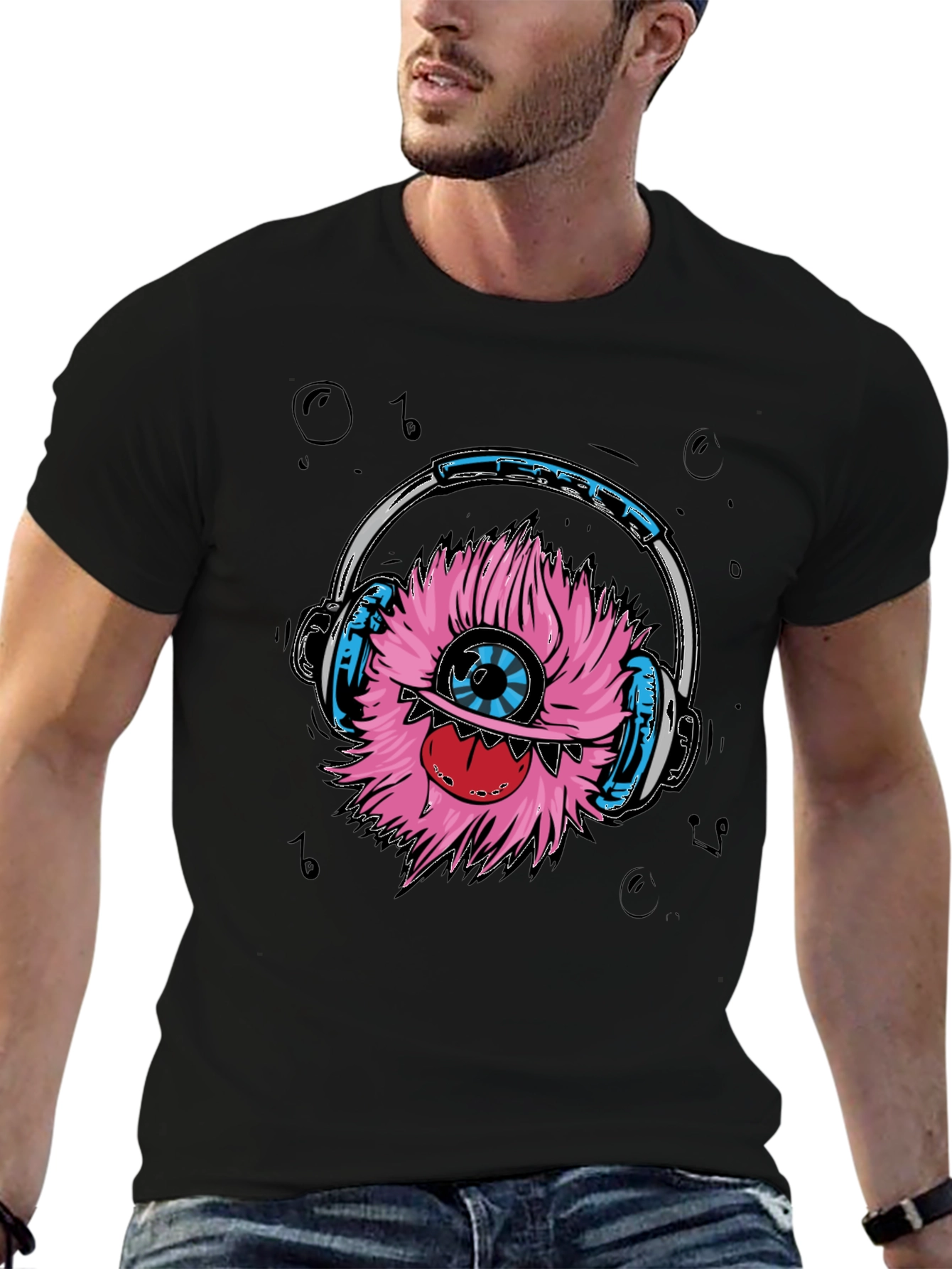 Monster with Headphones Graphic T-Shirt - Black