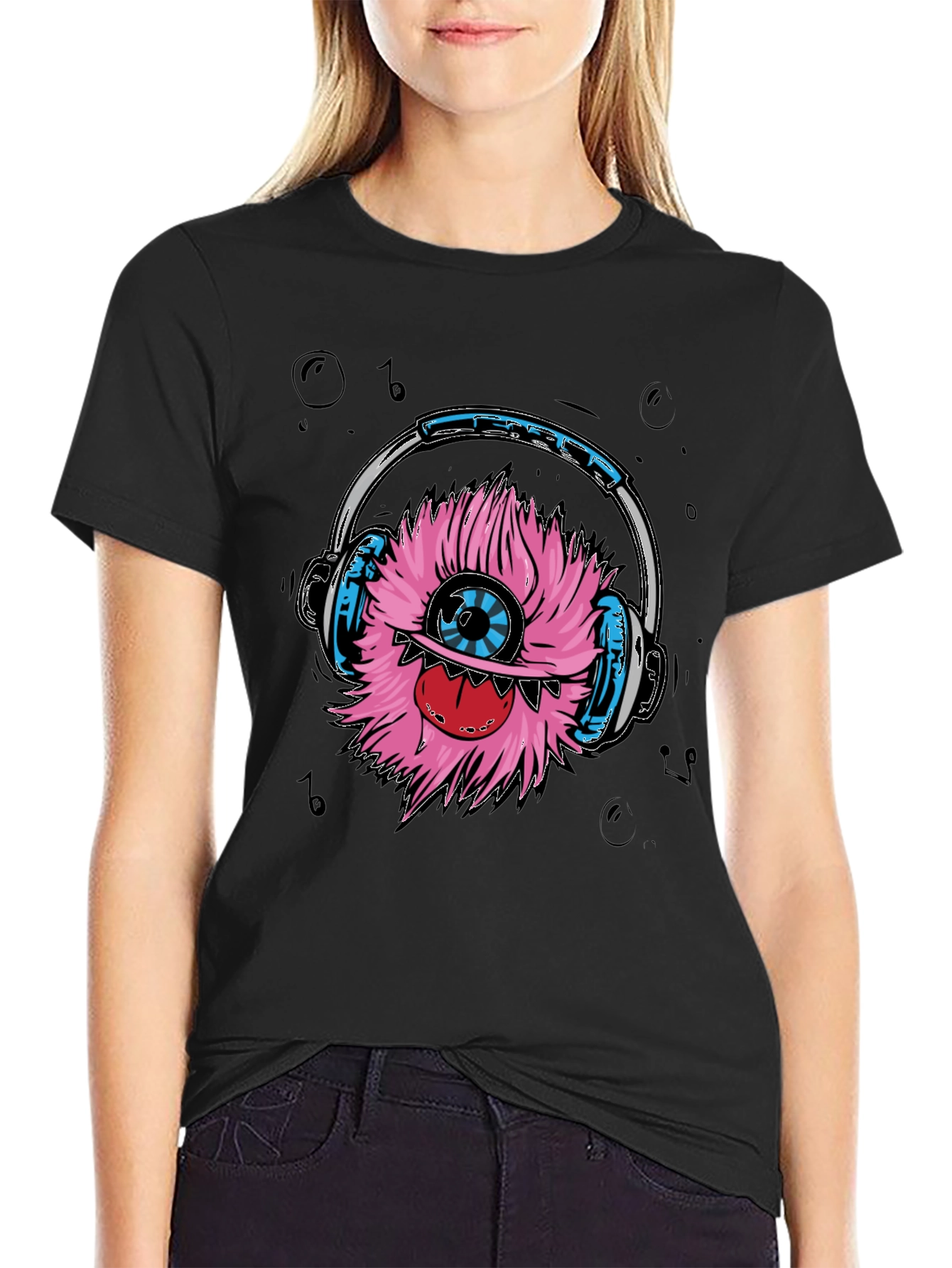 Monster with Headphones Graphic T-Shirt - Black