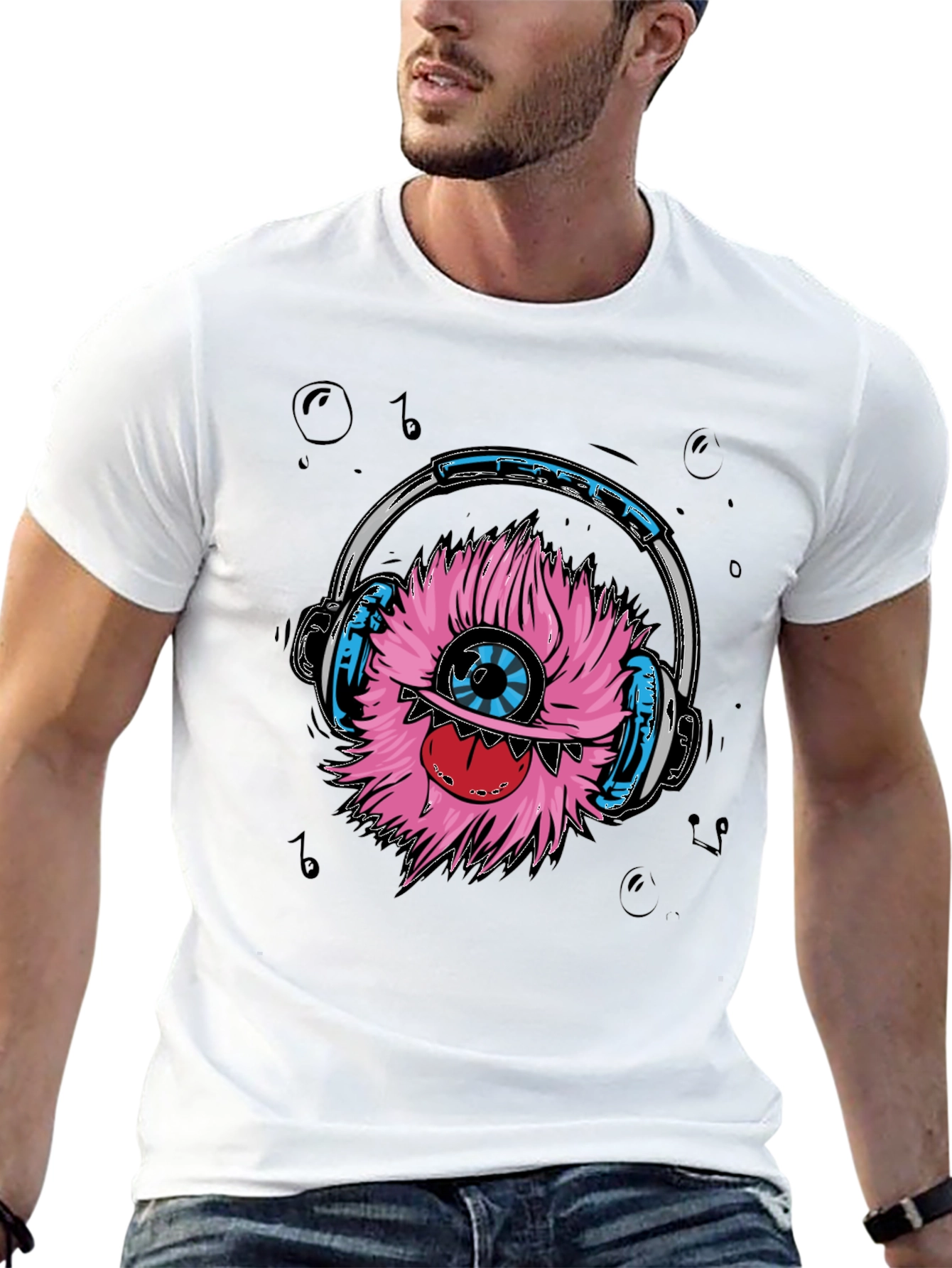 Monster with Headphones Graphic T-Shirt - Black