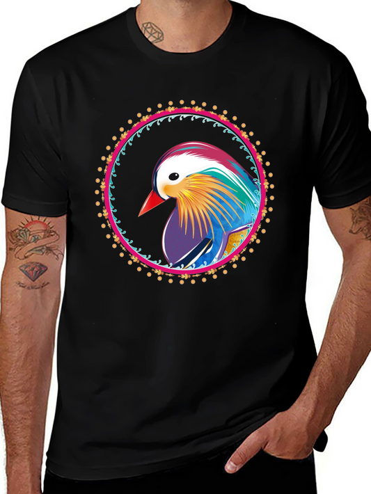 Colorful Bird Mandala Graphic Tee - Black Cotton T-Shirt